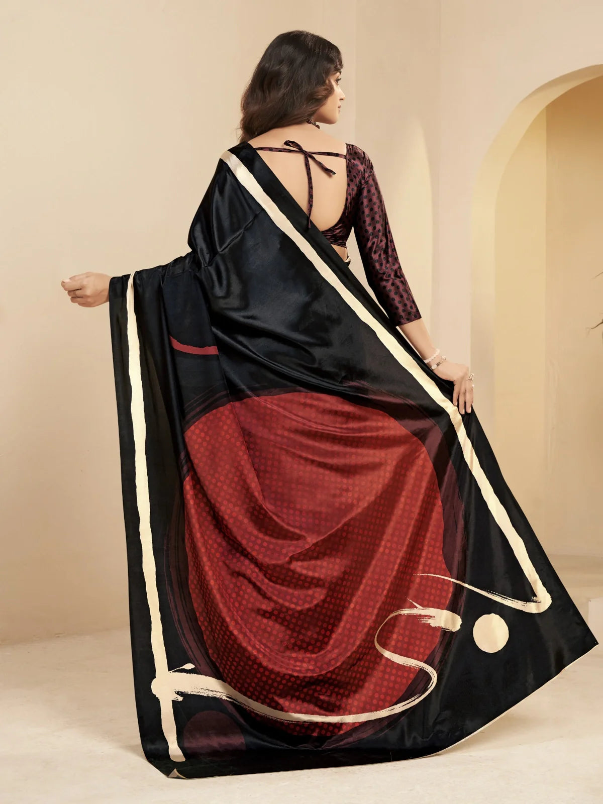Tarani black digital print saree back view with artistic pallu and contrast blouse design