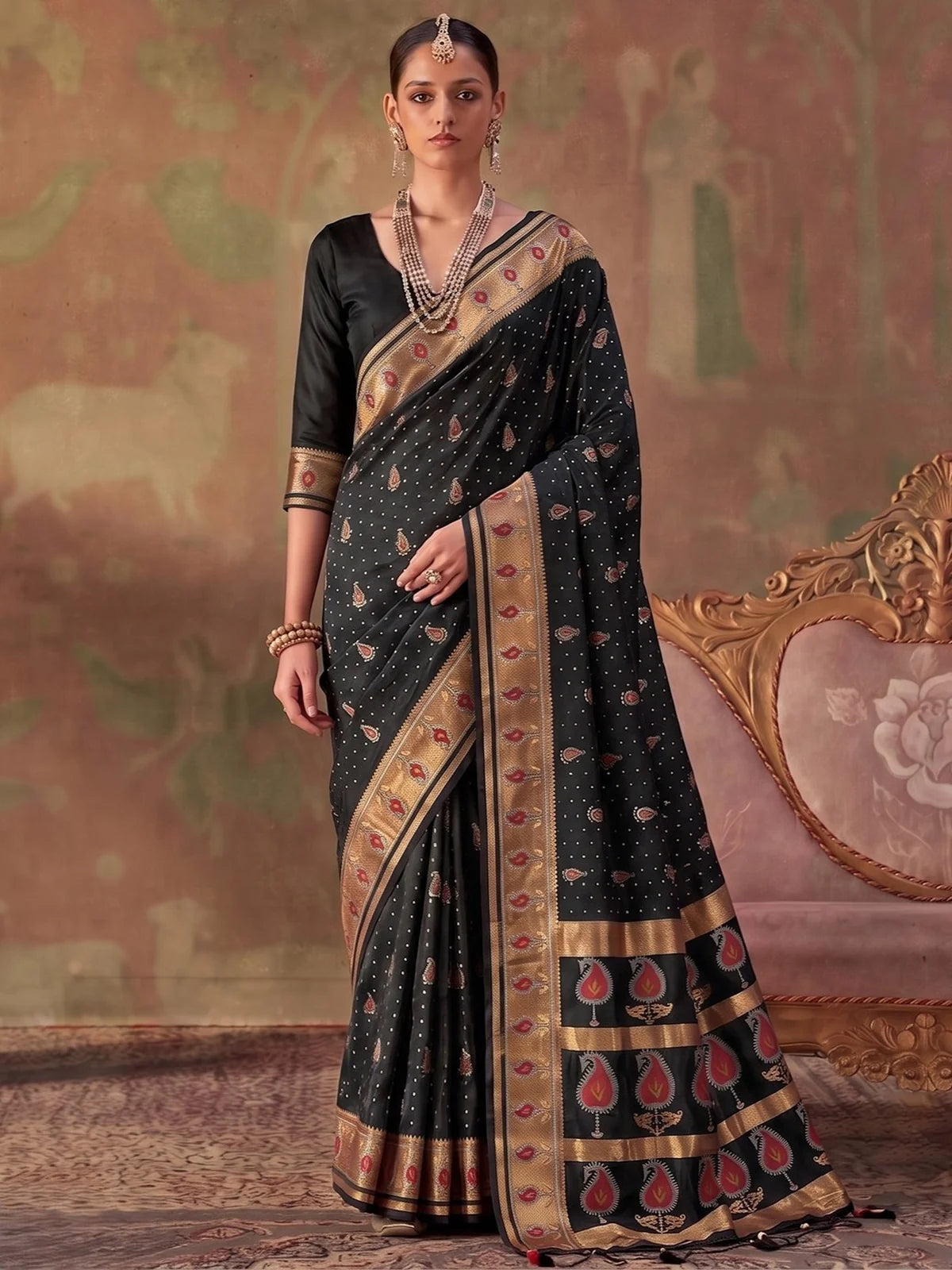 Tarani black silk saree with zari weaving front view and unstitched blouse for party and wedding wear