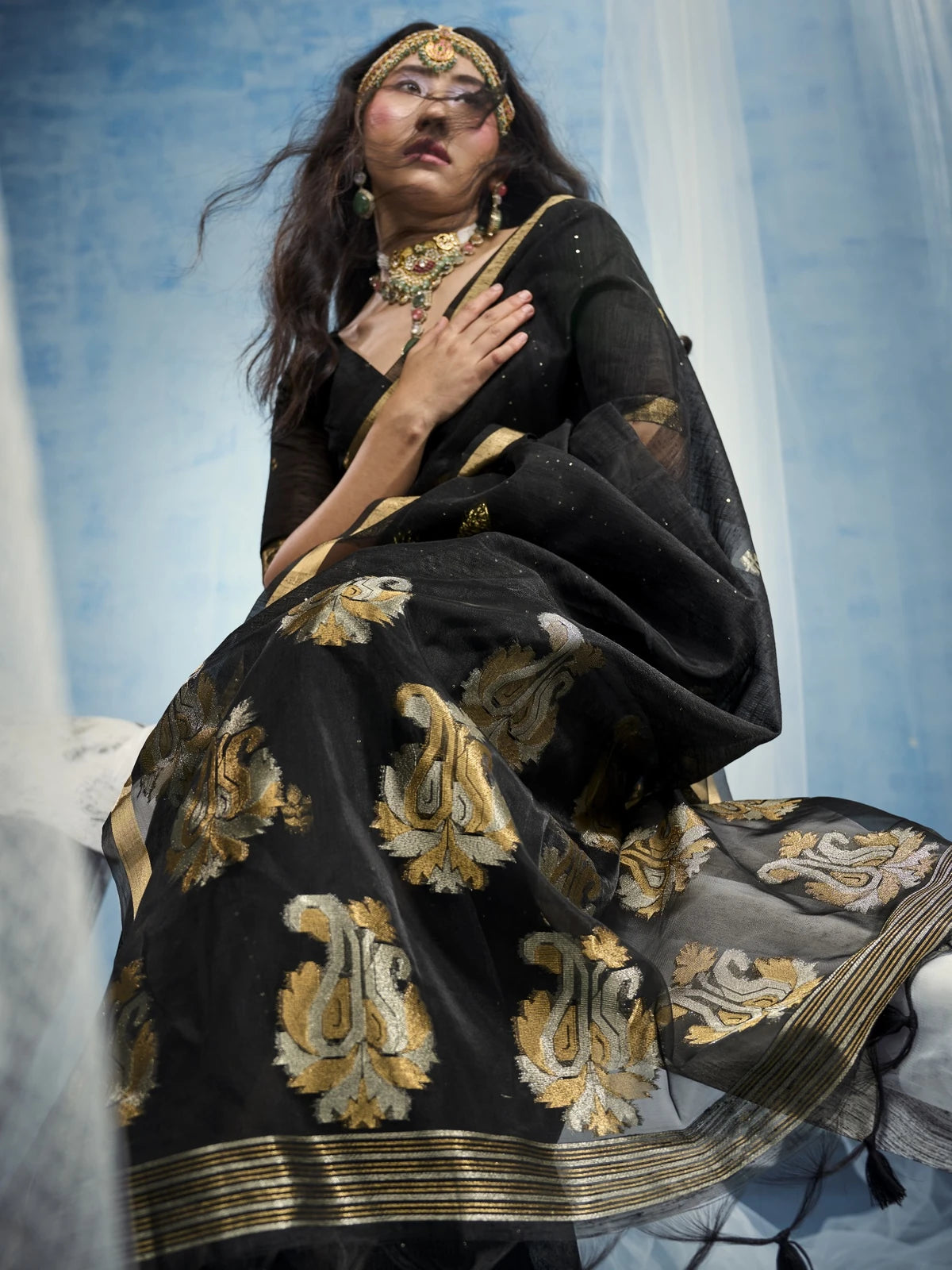 Tarani black Pure Munga Silk Handloom saree front-view with organza pallu and woven border