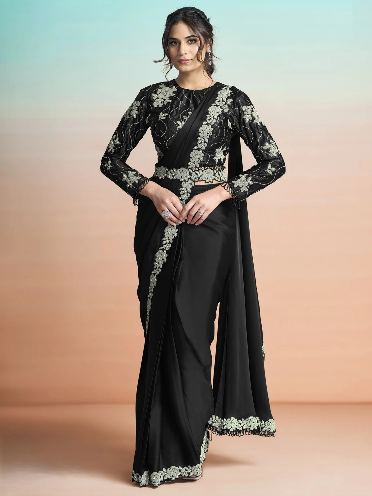Tarani Swara black satin silk ready to wear saree full view with pearl stone embroidery