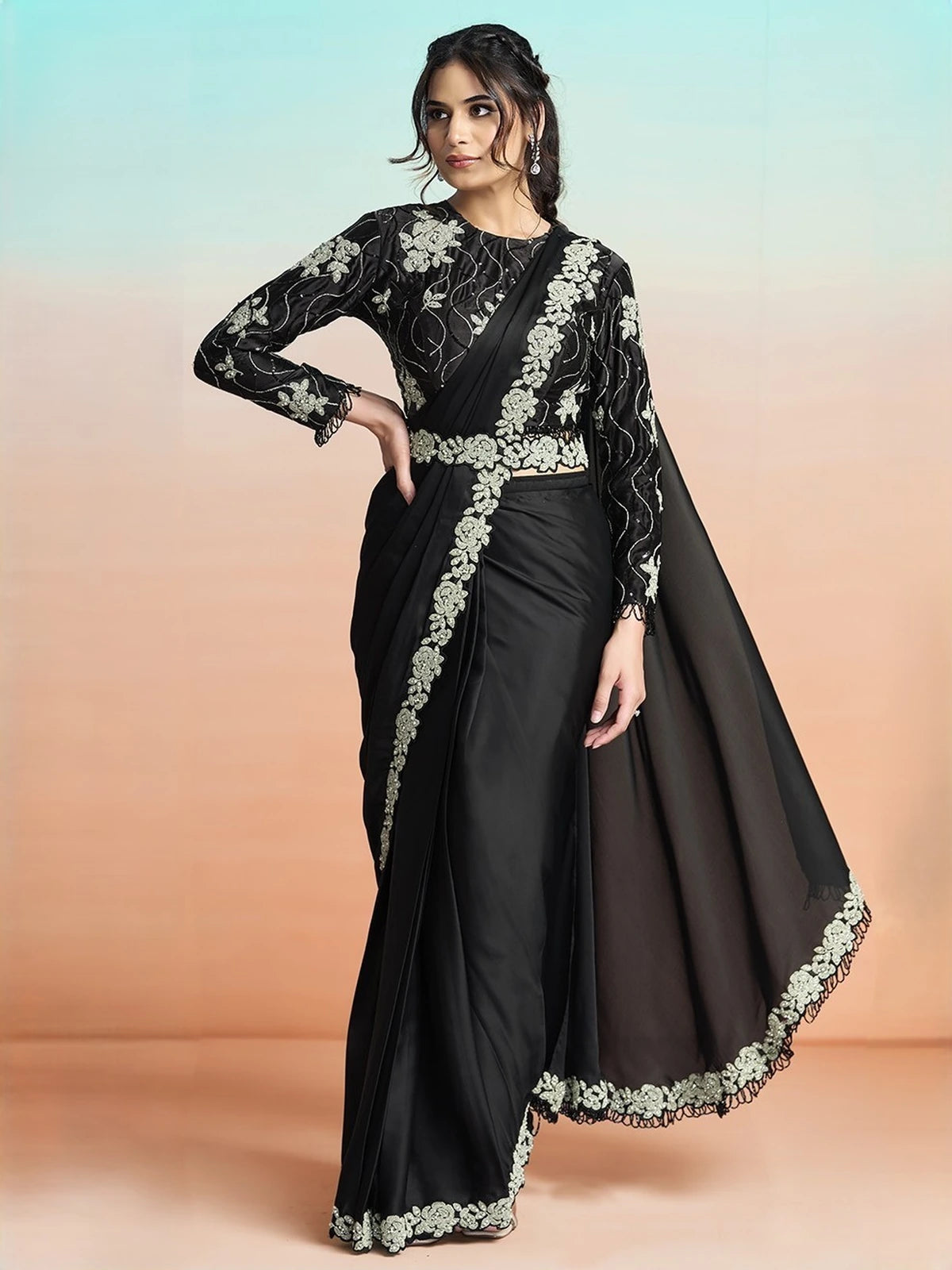 Tarani Swara black ready to wear satin silk saree full view with floral embroidered border