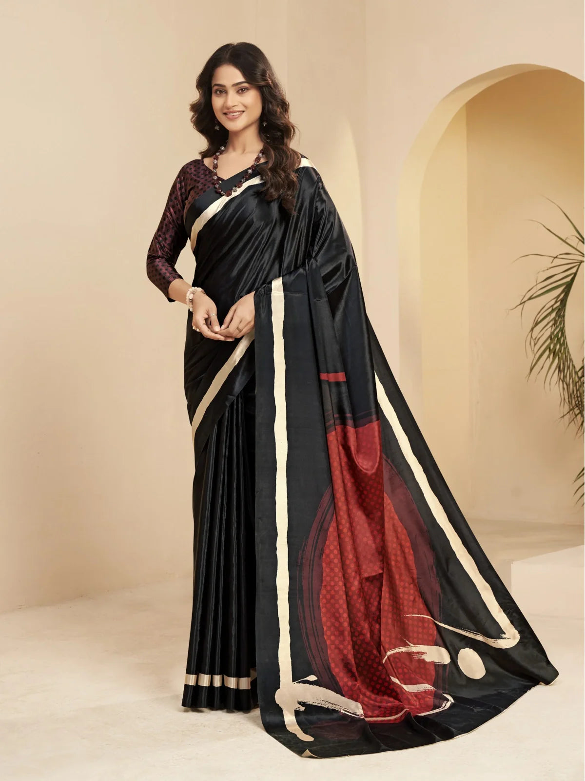 Tarani premium black silk saree with deep red digital pallu and contrast dotted blouse front full view
