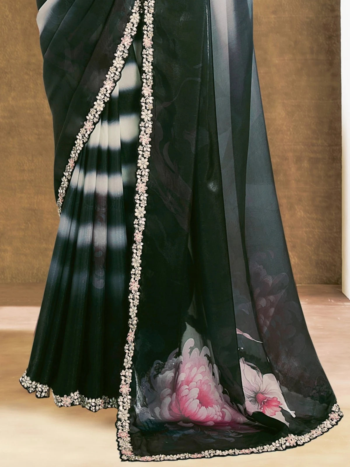 Tarani Anisha black satin silk saree pallu view with floral digital print and embroidered border