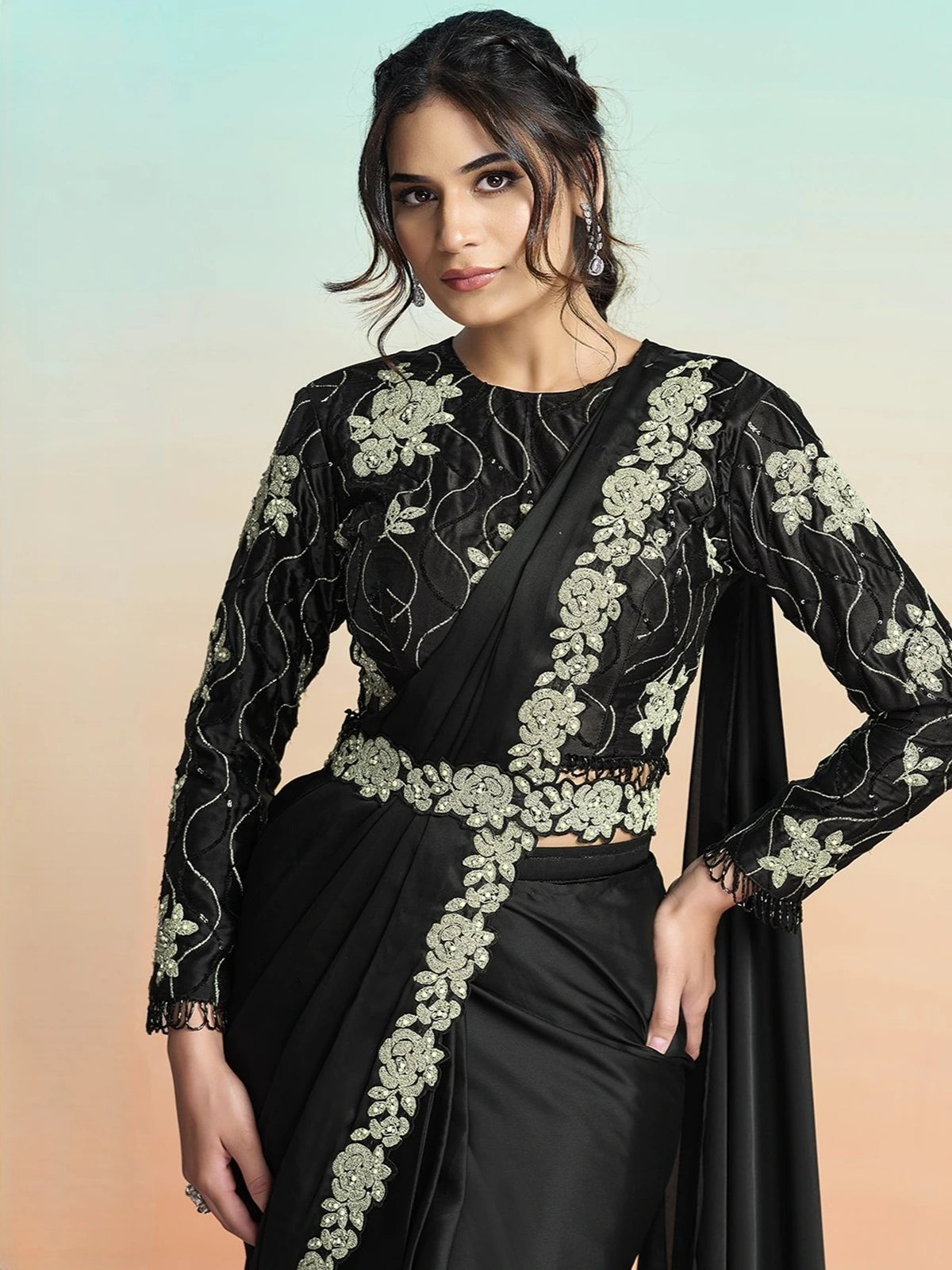 Tarani Swara black satin silk saree upper body view with embroidered stitched blouse and belt