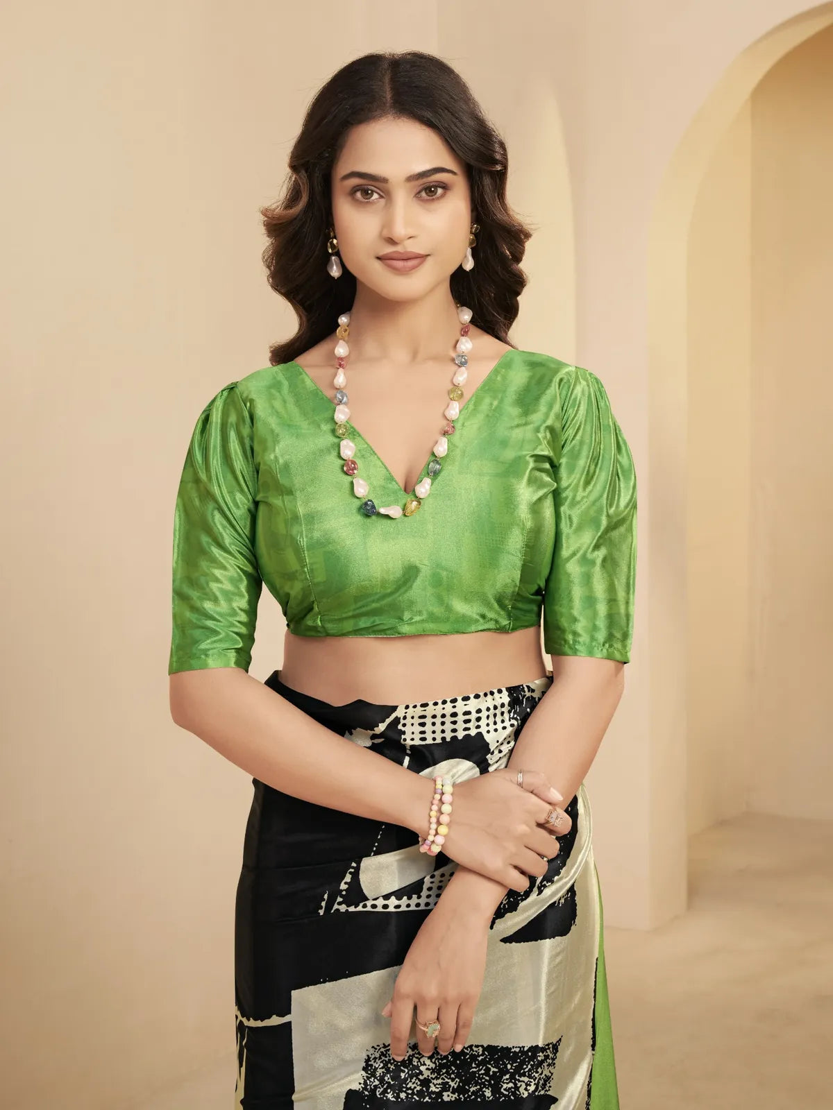 Tarani soft silk saree upper body view showing stylish green blouse