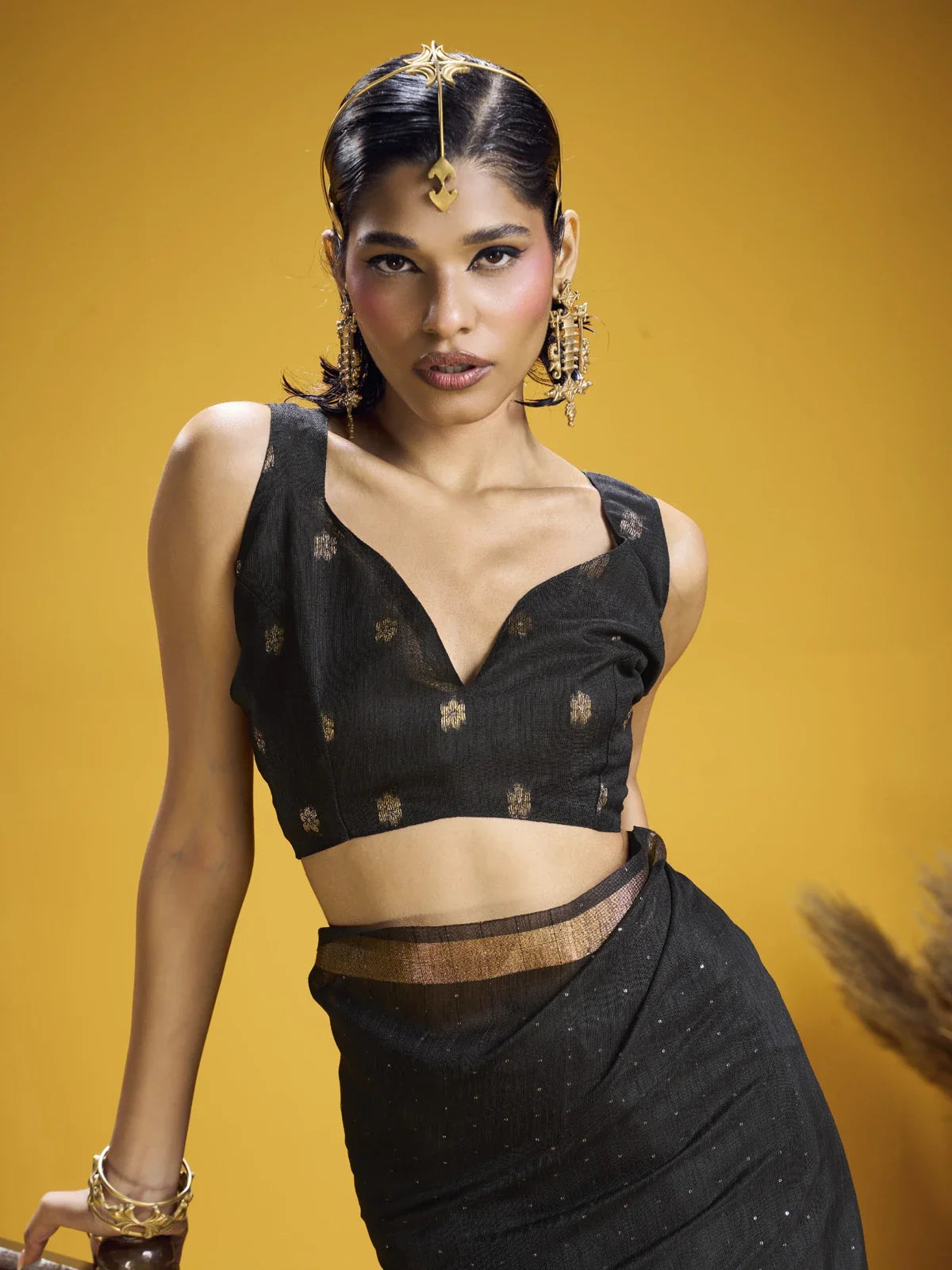 Tarani black munga silk saree upper body closeup with deep neck blouse and sleek styling