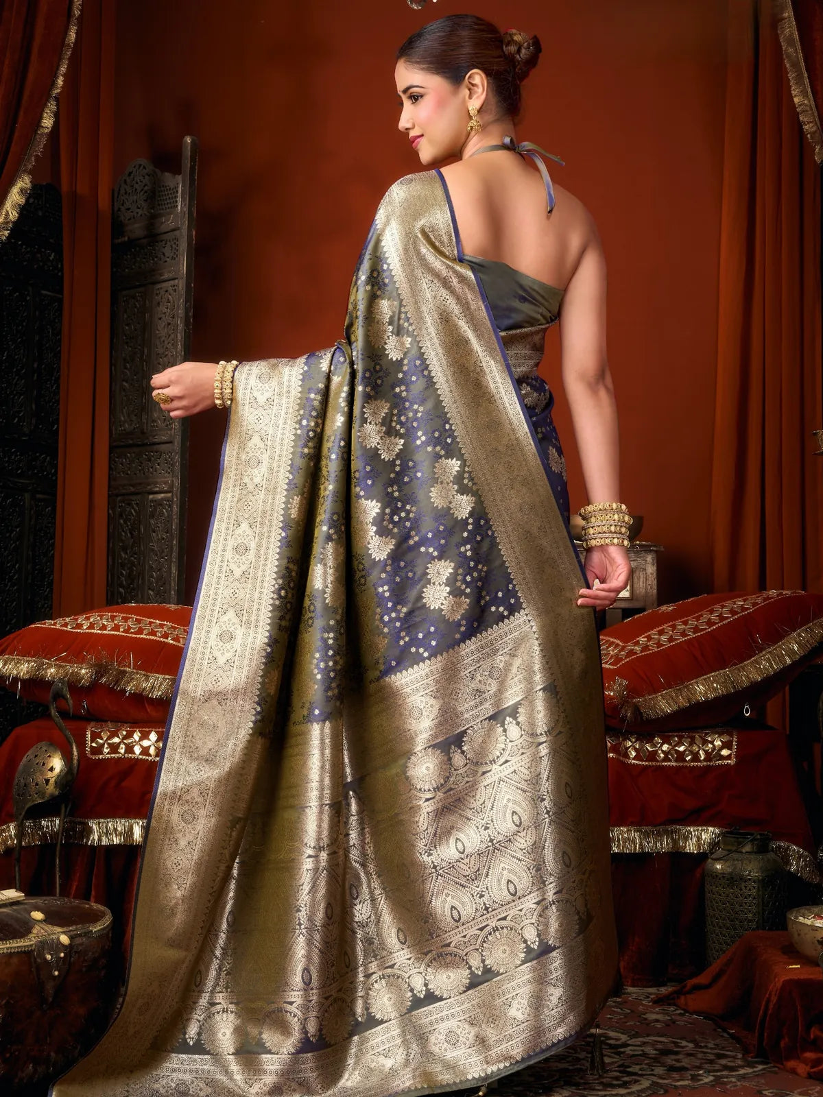 Tarani blue self jacquard soft silk saree back view highlighting woven pallu