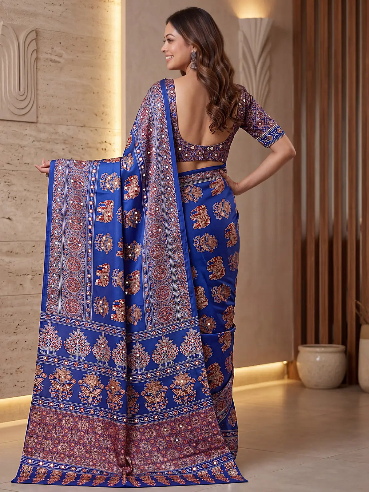 Tarani blue Crap Silk saree back-view with Digital Ajrakh Print