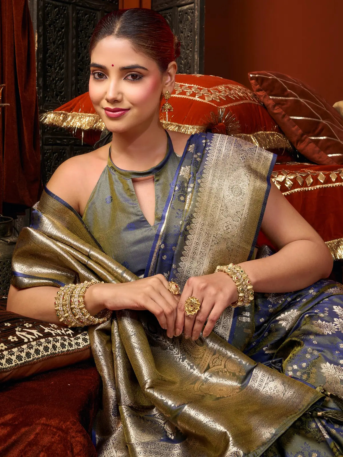 Tarani blue self jacquard soft silk saree closeup showing zari woven border