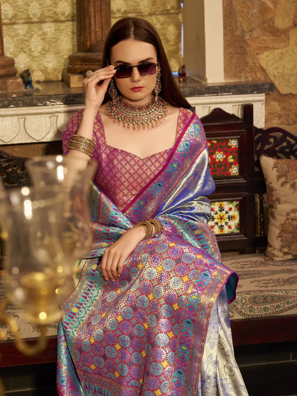 Tarani blue silk saree closeup view showcasing woven detailing and fabric shine