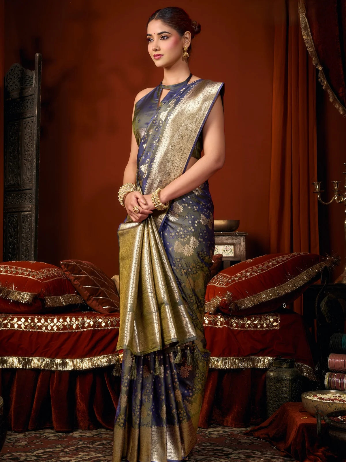 Tarani premium blue self jacquard soft silk saree graceful front pose