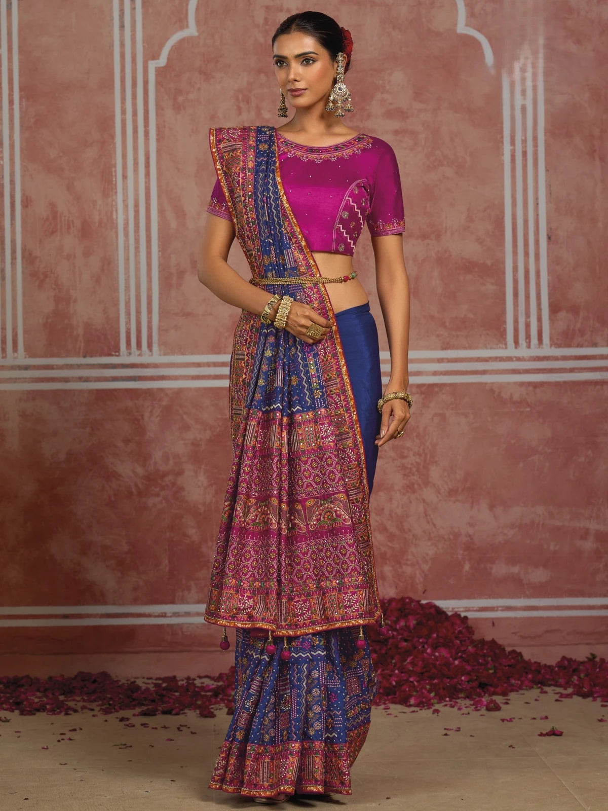 Tarani royal blue SHANA silk saree front view showing pallu and blouse