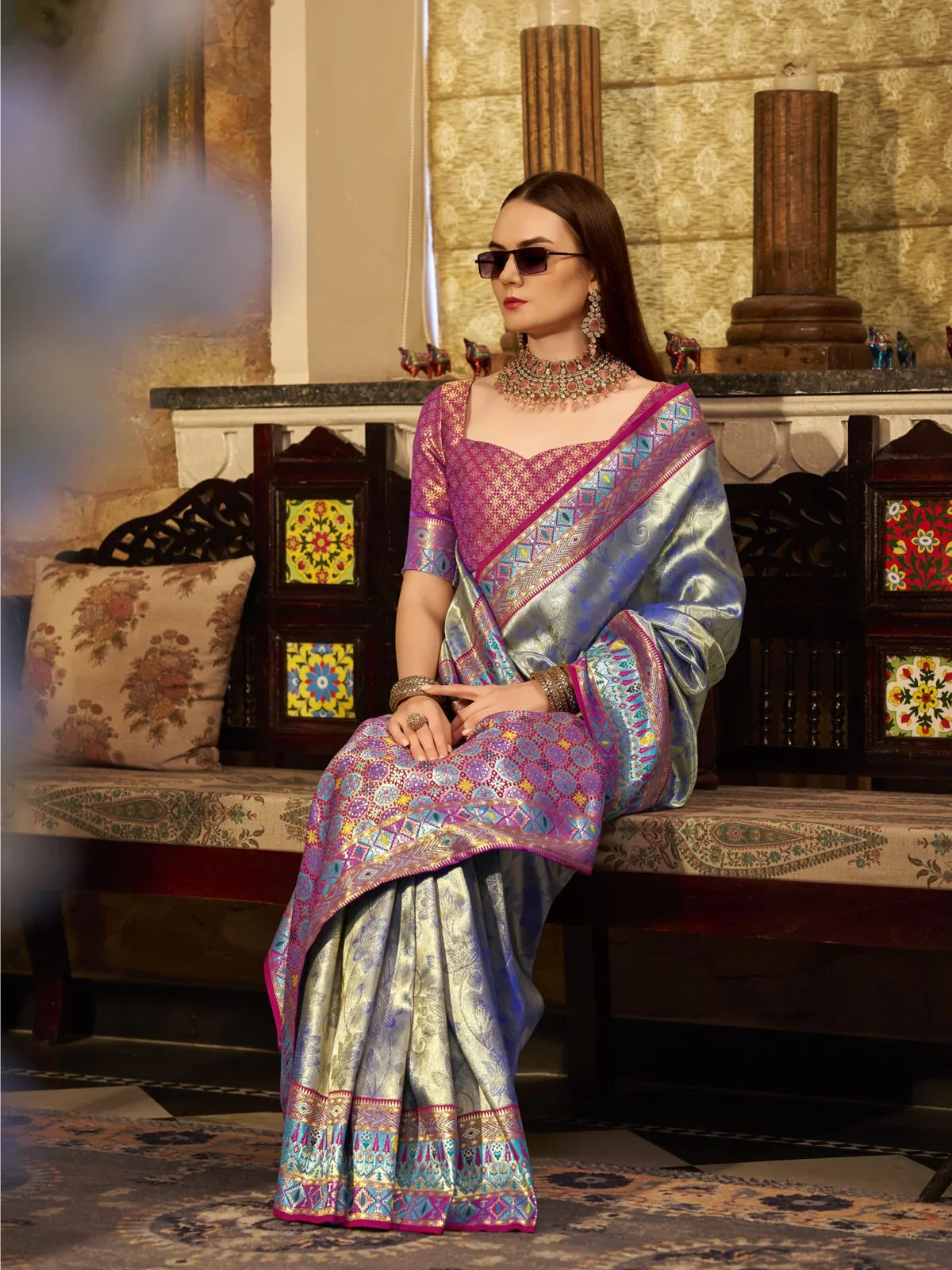 Tarani stylish blue silk saree front view with designer pallu and festive look
