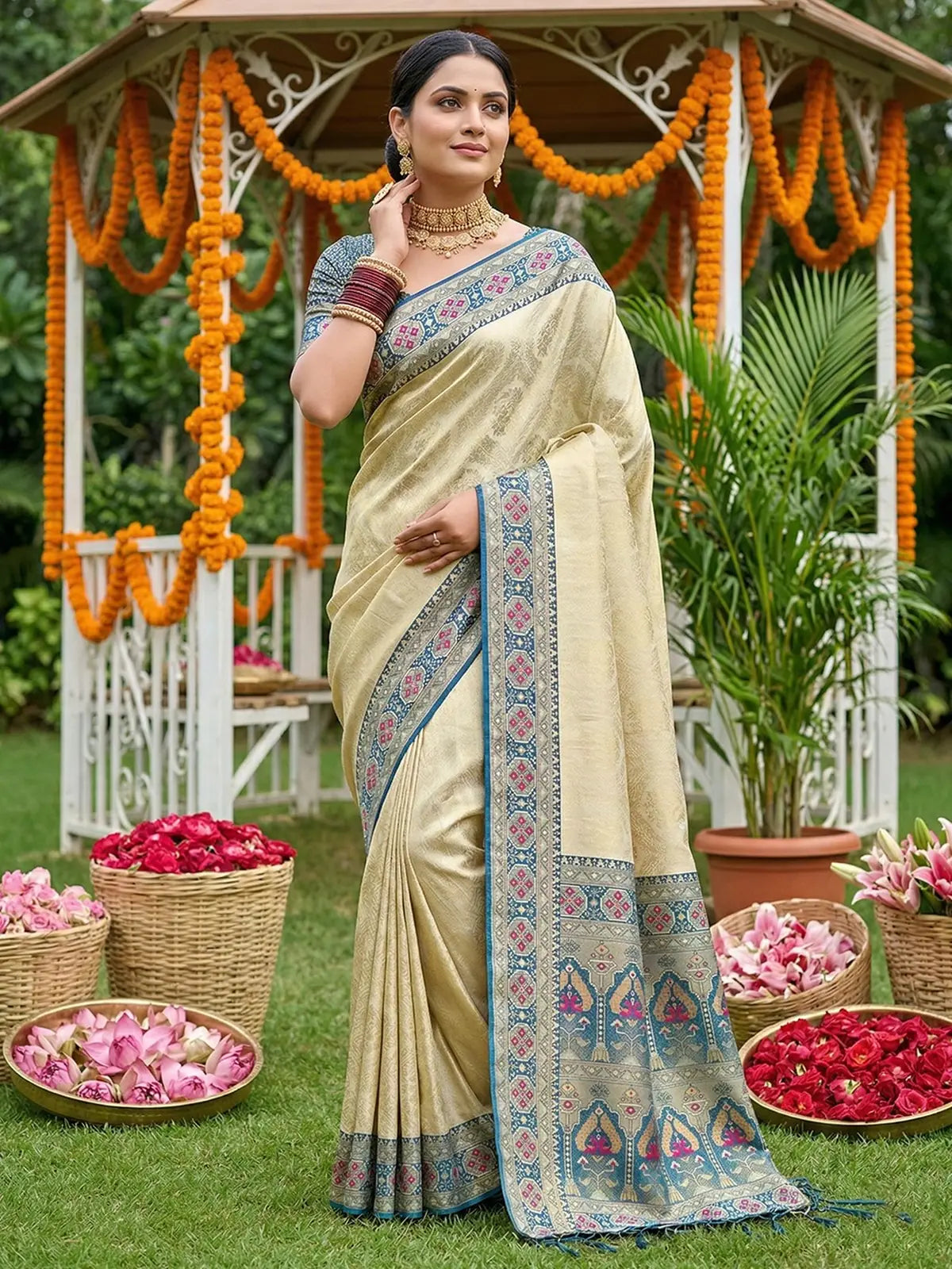 Tarani Piyusha blue premium soft silk saree full view with woven pallu and contrast border