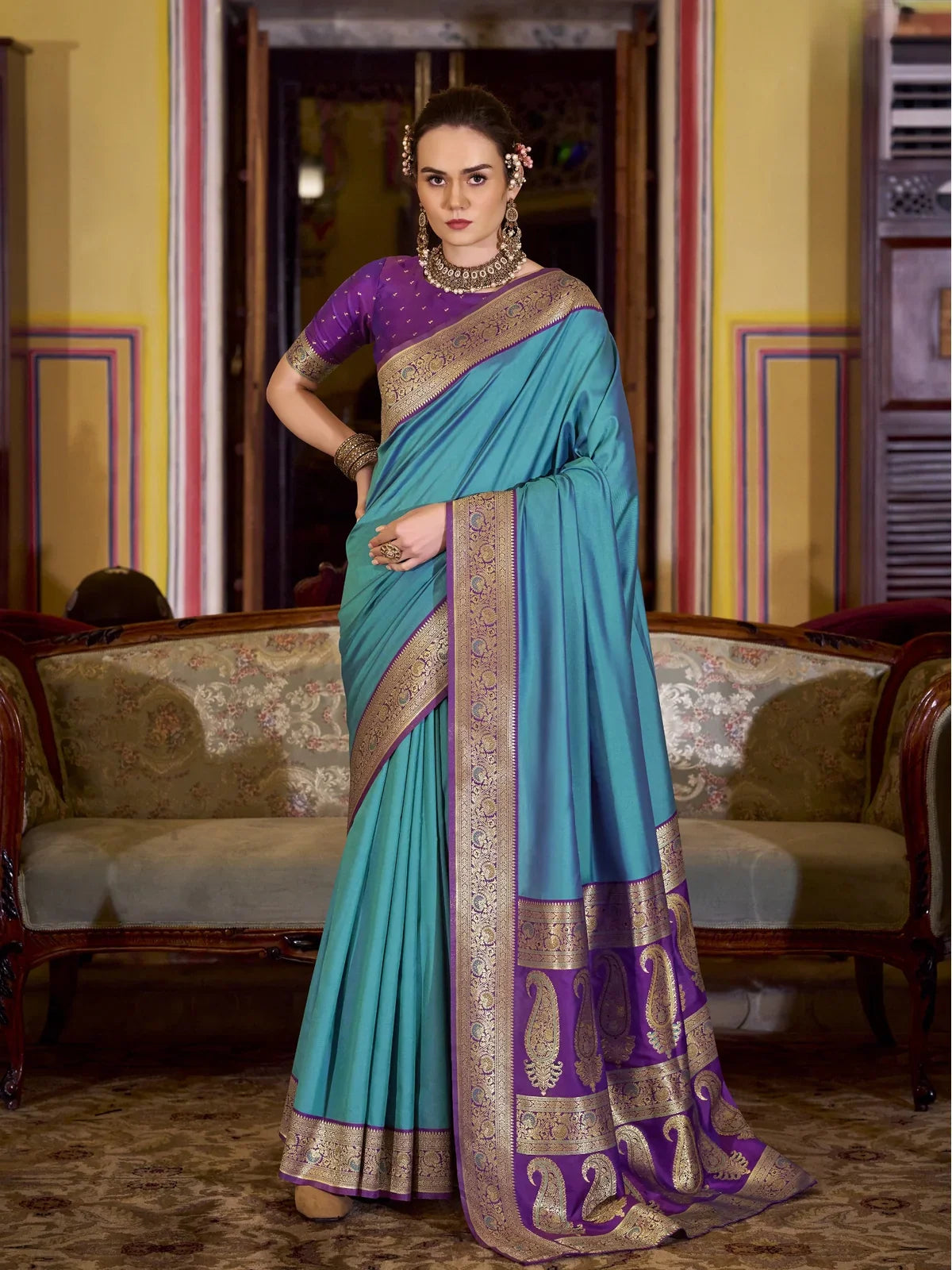 Tarani premium blue silk saree full view with contrast purple border and zari work
