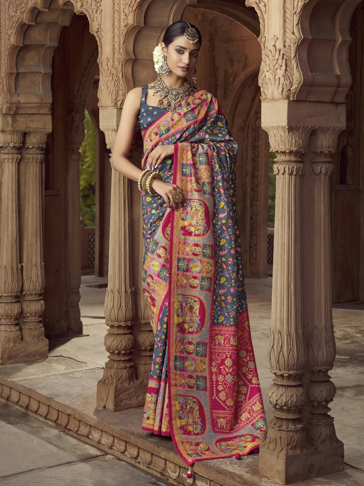 Tarani premium grey silk saree full view for festive and party wear