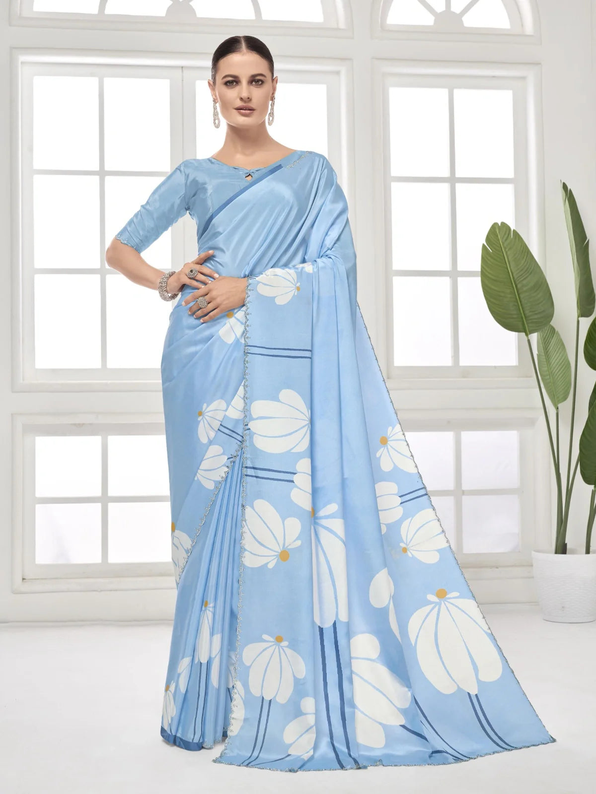 Tarani blue digital silk crape saree with floral print and Swarovski border in full view