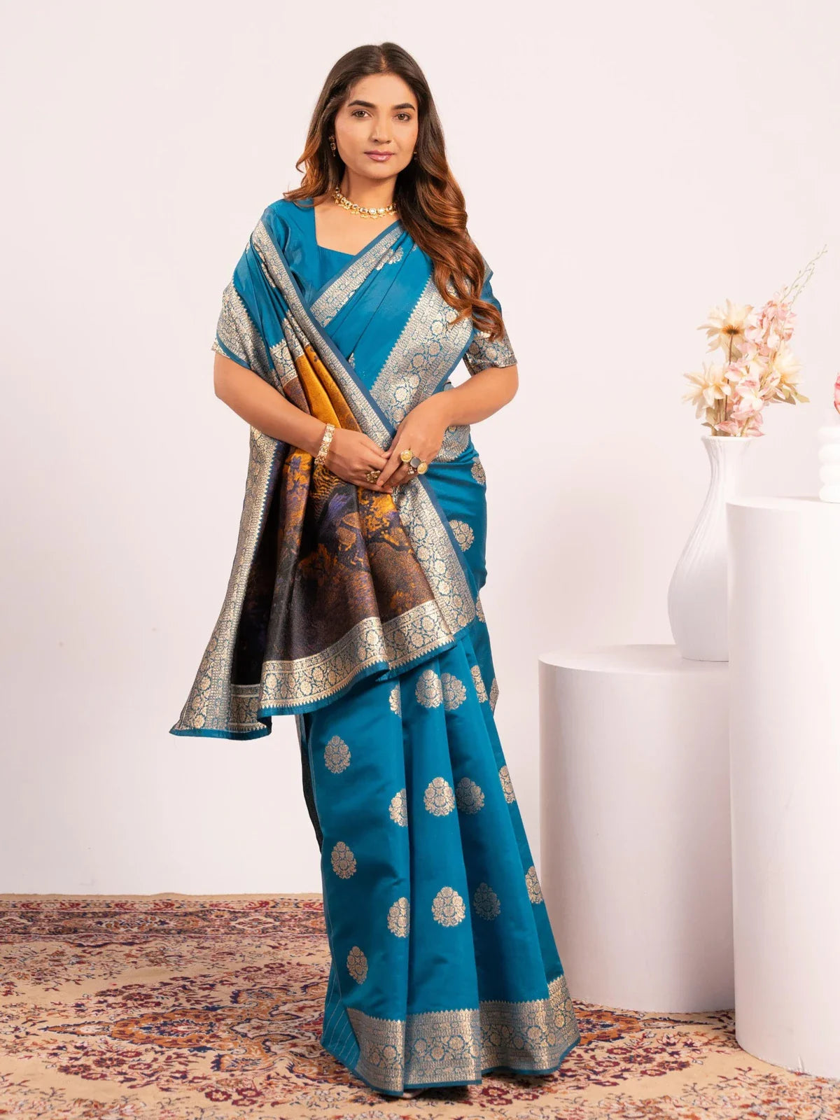 Tarani blue banarasi silk saree with resham weave peacock pallu and zari border front view