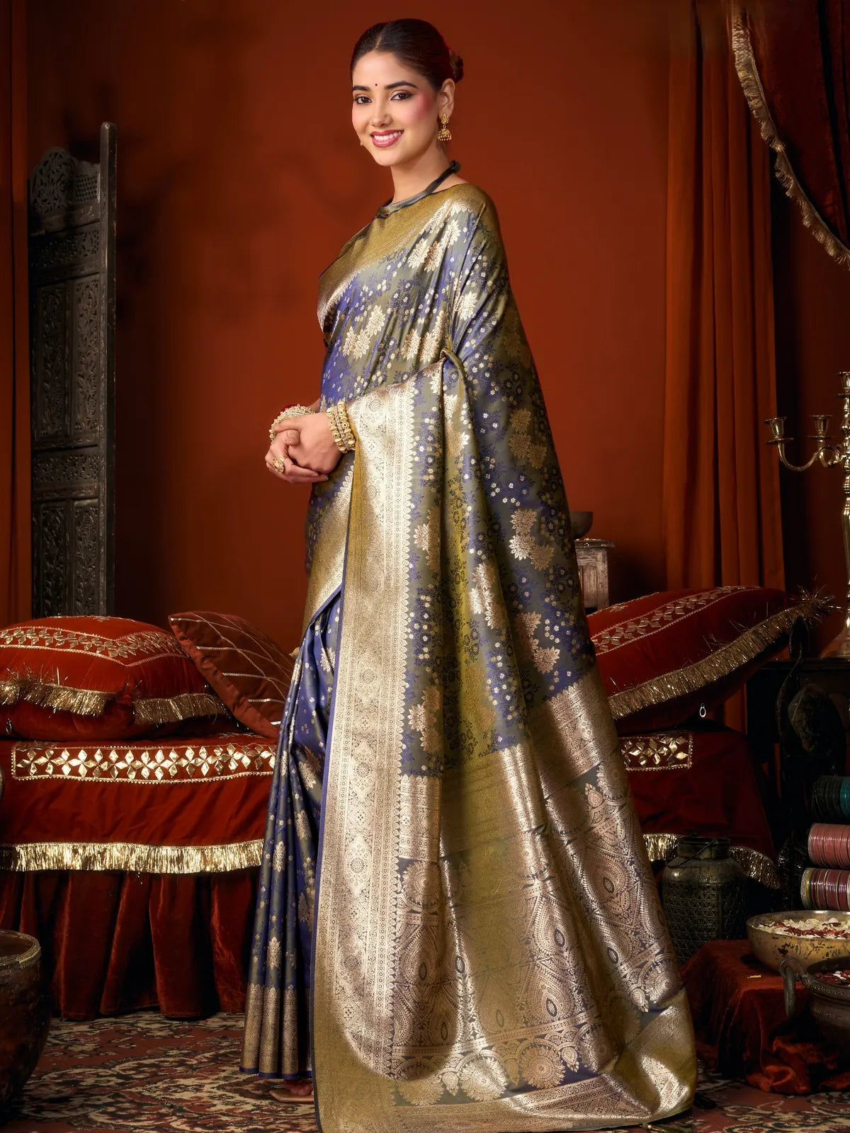 Tarani blue premium self jacquard soft silk saree elegant side view with pallu