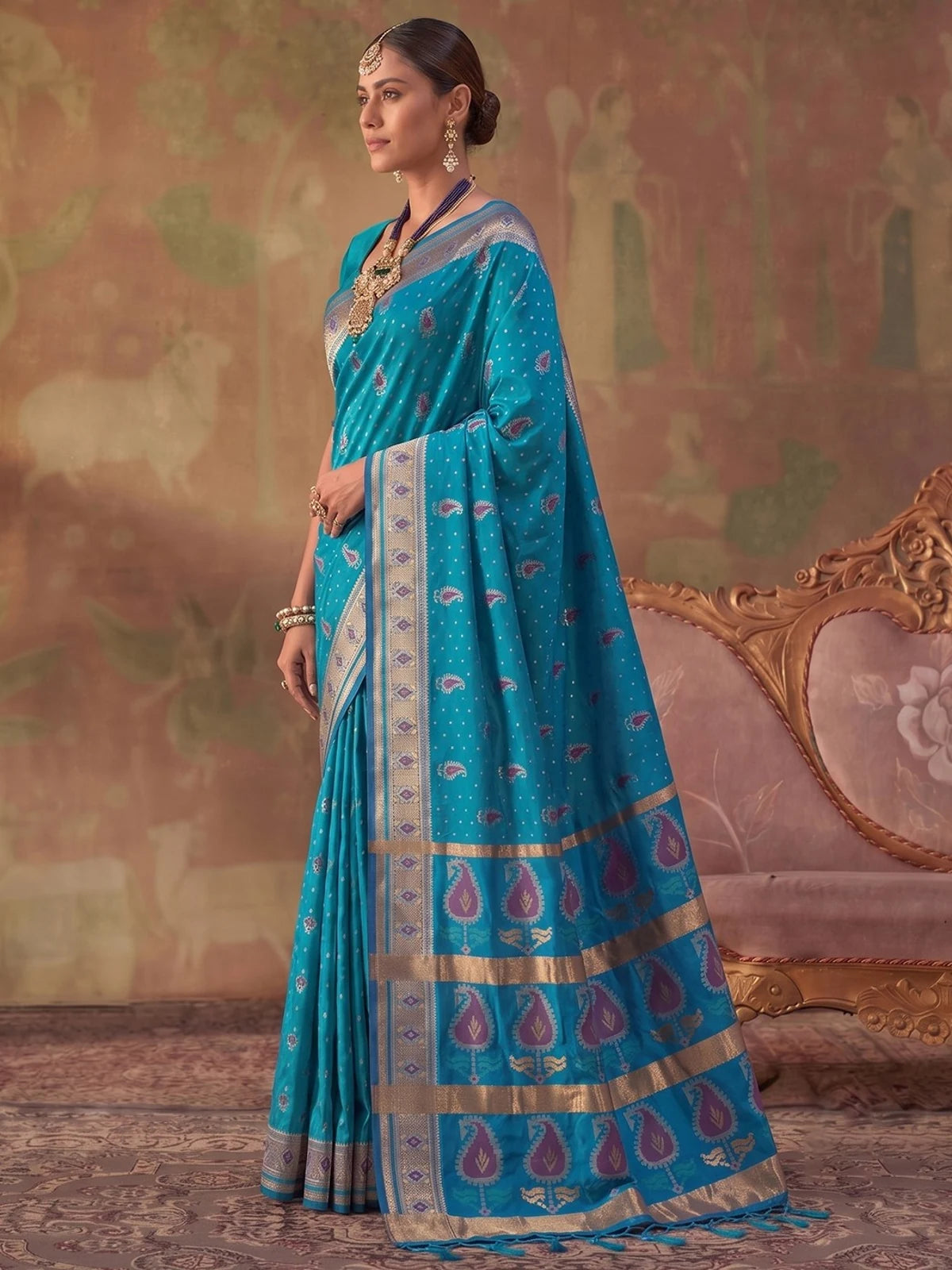 Tarani blue silk saree with zari weaving elegant side view