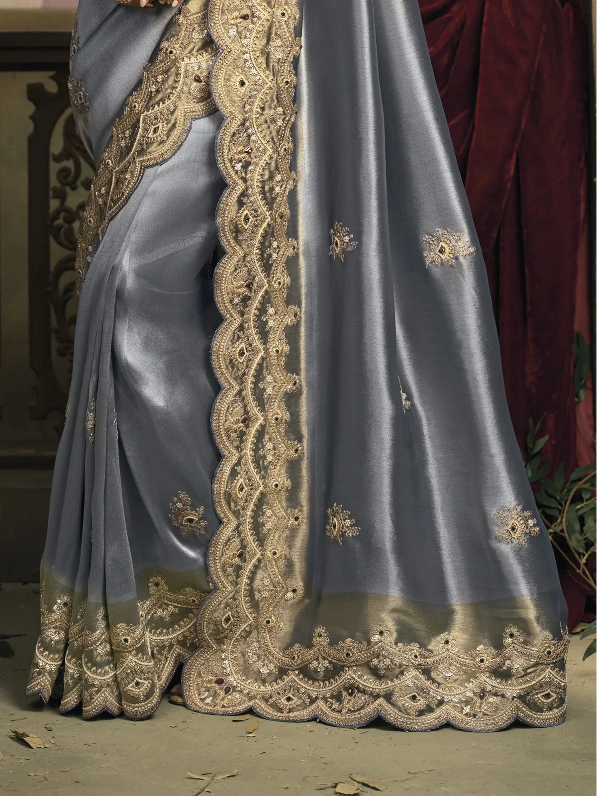 Tarani designer blue saree in ziraf silk with intricate border embroidery – fabric closeup