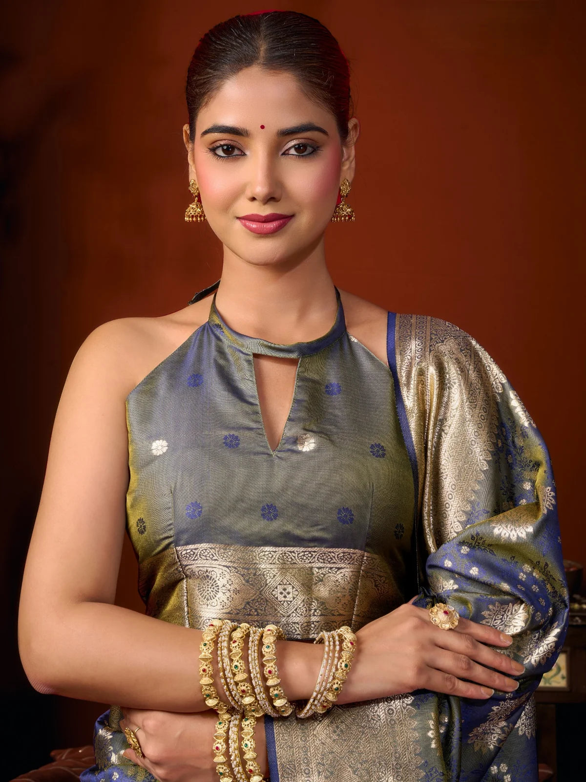 Tarani blue self jacquard soft silk saree upper body blouse view with woven border