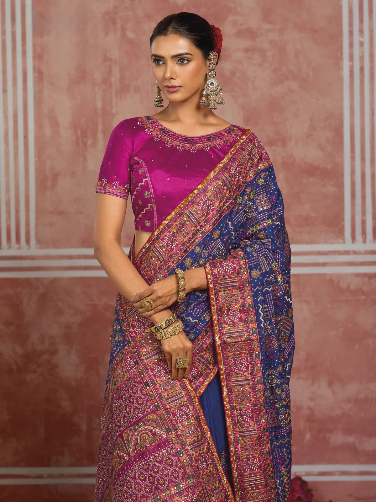 Tarani royal blue SHANA silk saree upper body view with detailed border