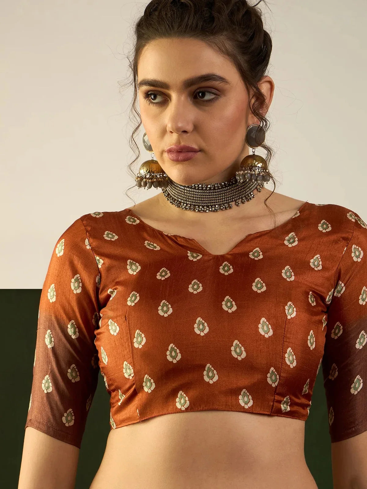 Tarani Dola silk saree brown blouse close-up with traditional pattern and elegant neckline