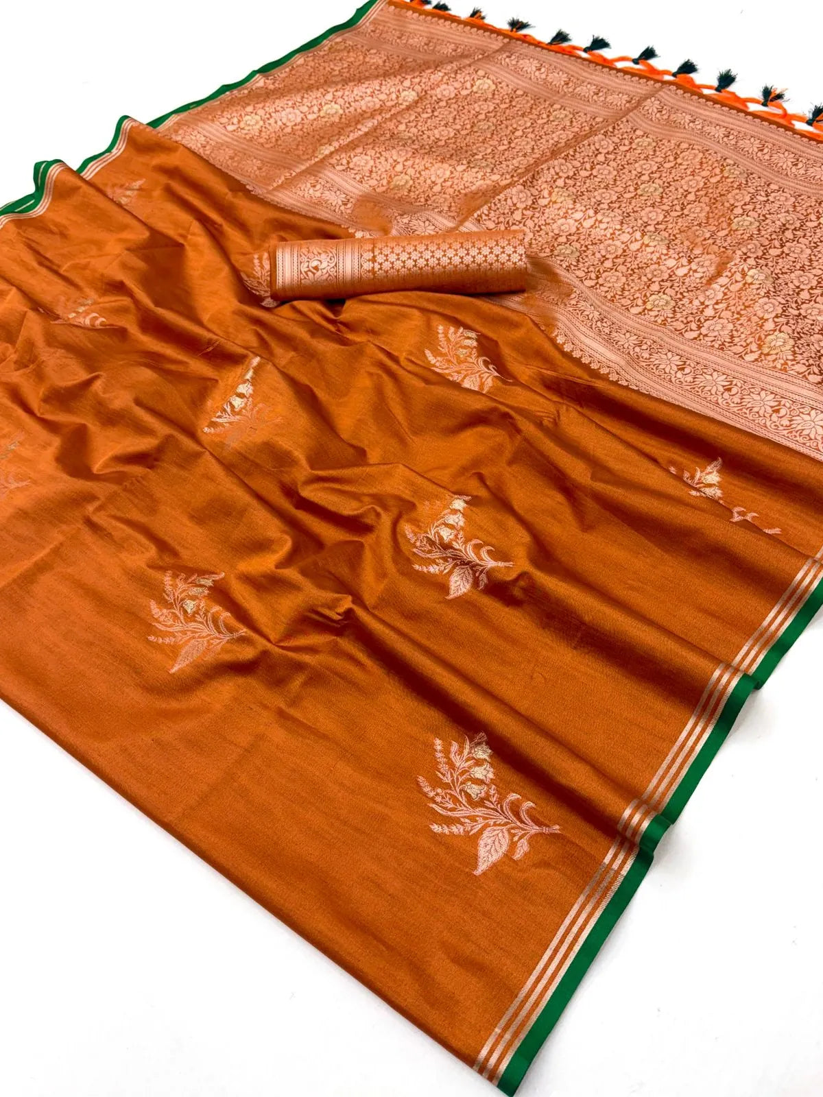 Tarani brown satin linen handloom silk saree fabric and zari detailing closeup