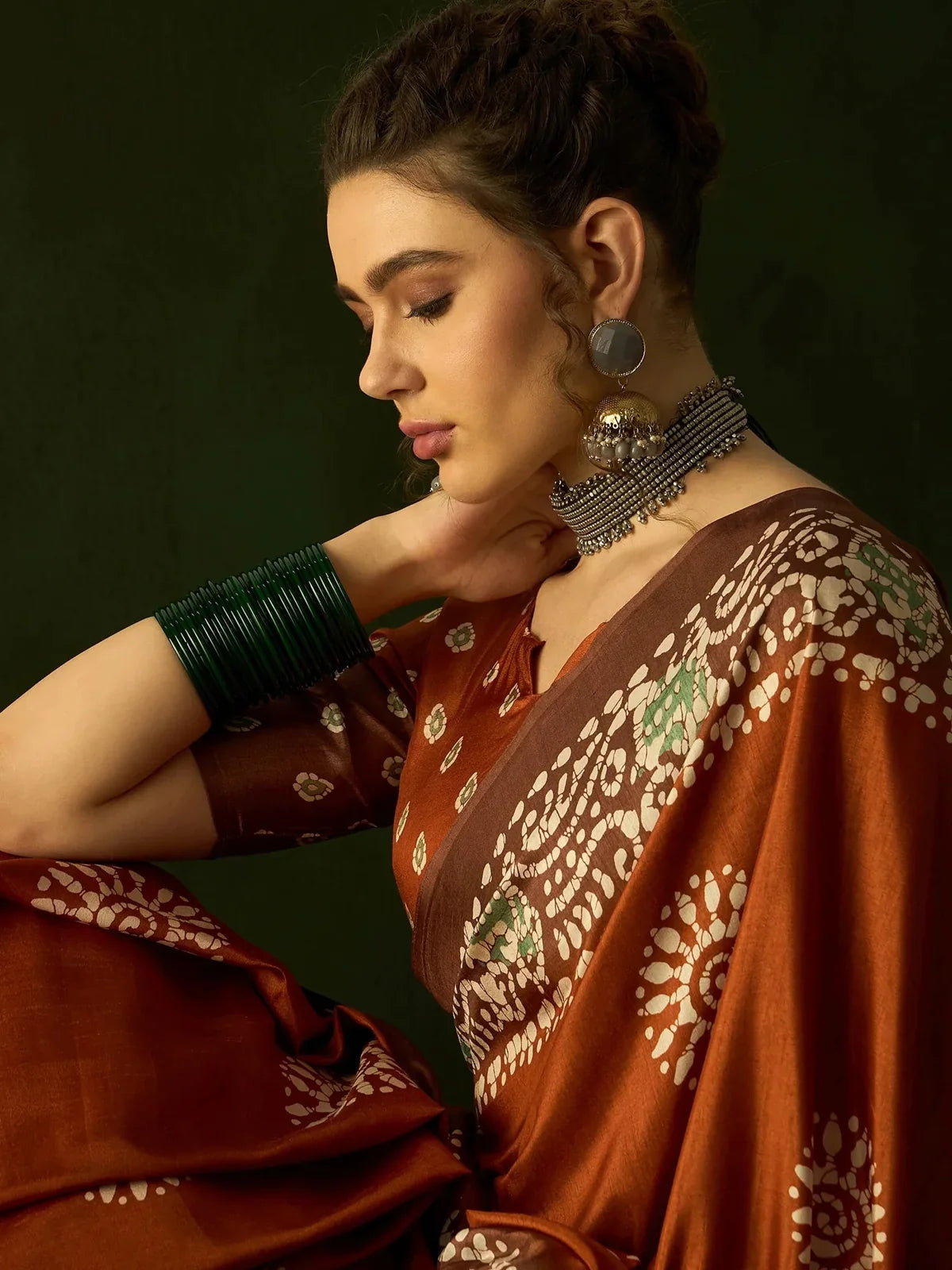 Tarani brown Dola silk saree close-up showing intricate ethnic motifs and fine weave