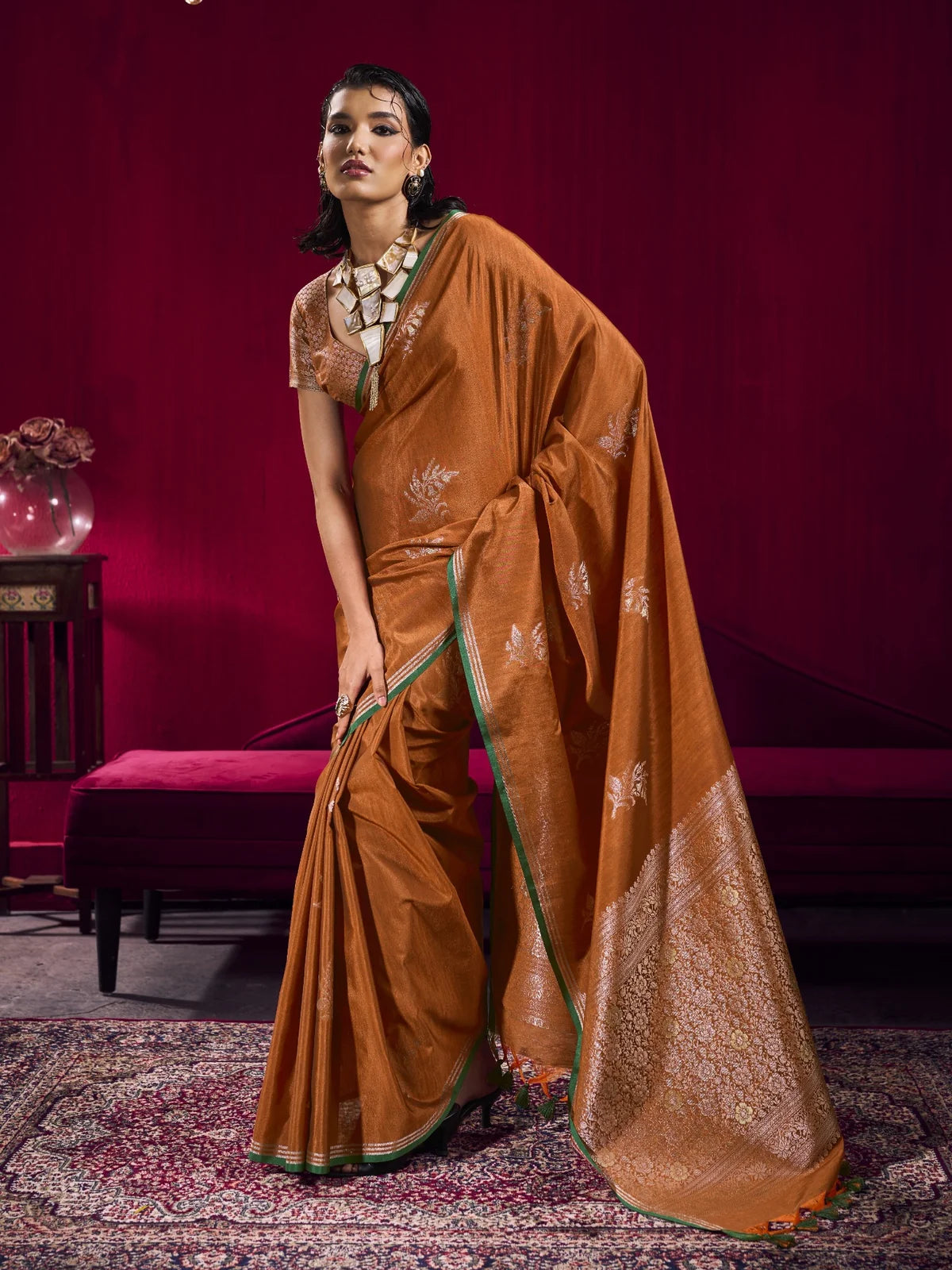 Tarani brown satin linen weaving silk saree full view for festive and party wear