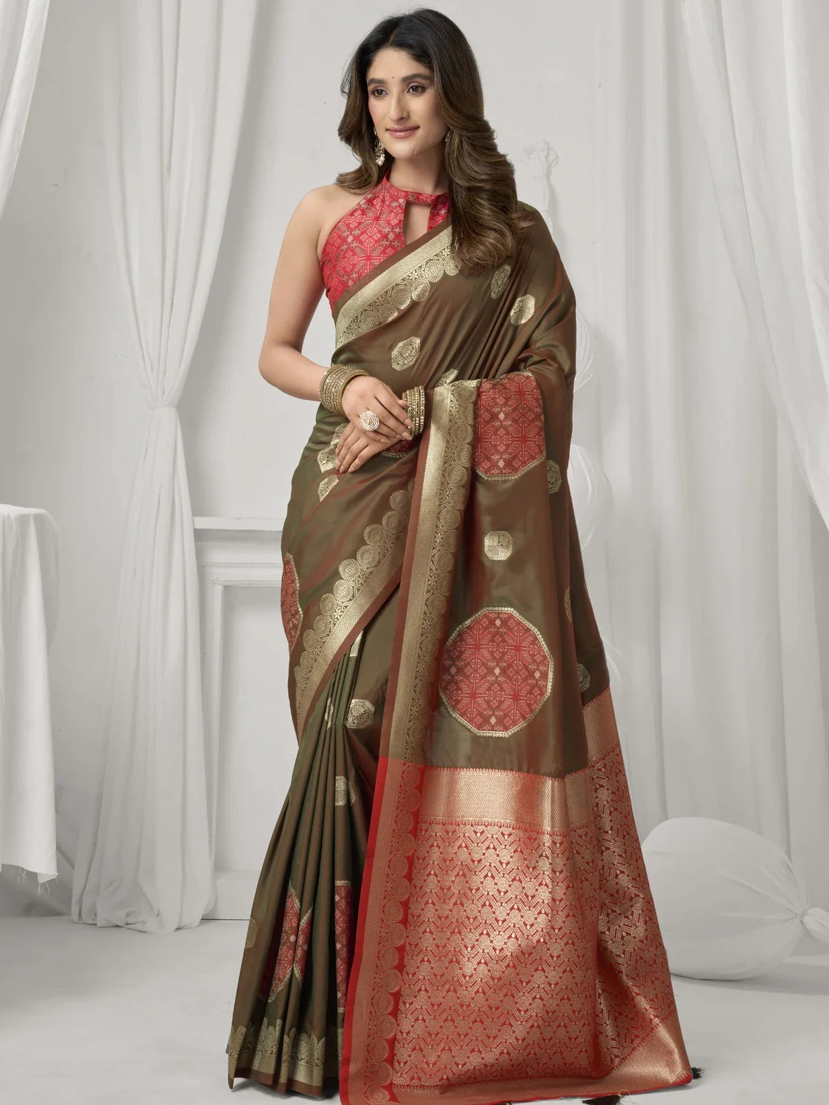 Tarani soft silk brown saree with red motifs and zari border full view for party or festive occasions