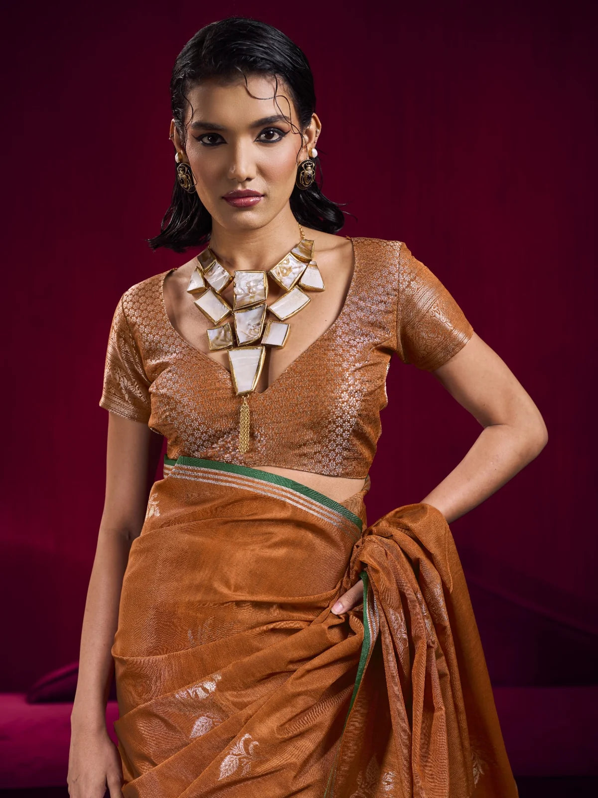 Tarani brown satin linen silk saree upper body blouse styling view