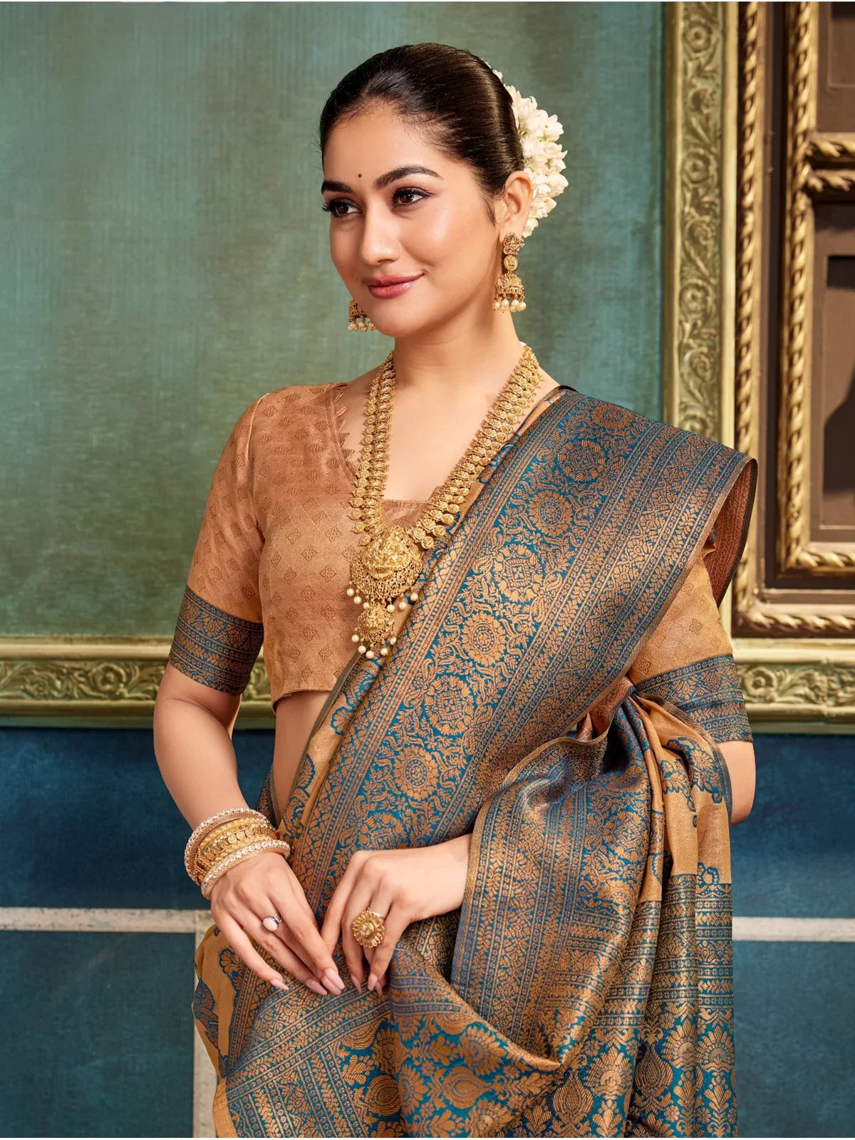Tarani festive silk saree in brown with blue motifs styled with matching blouse upper body close-up
