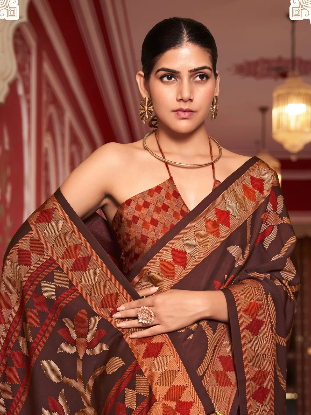 Tarani premium silk saree in brown with rich blouse design and elegant upper drape for festive occasions