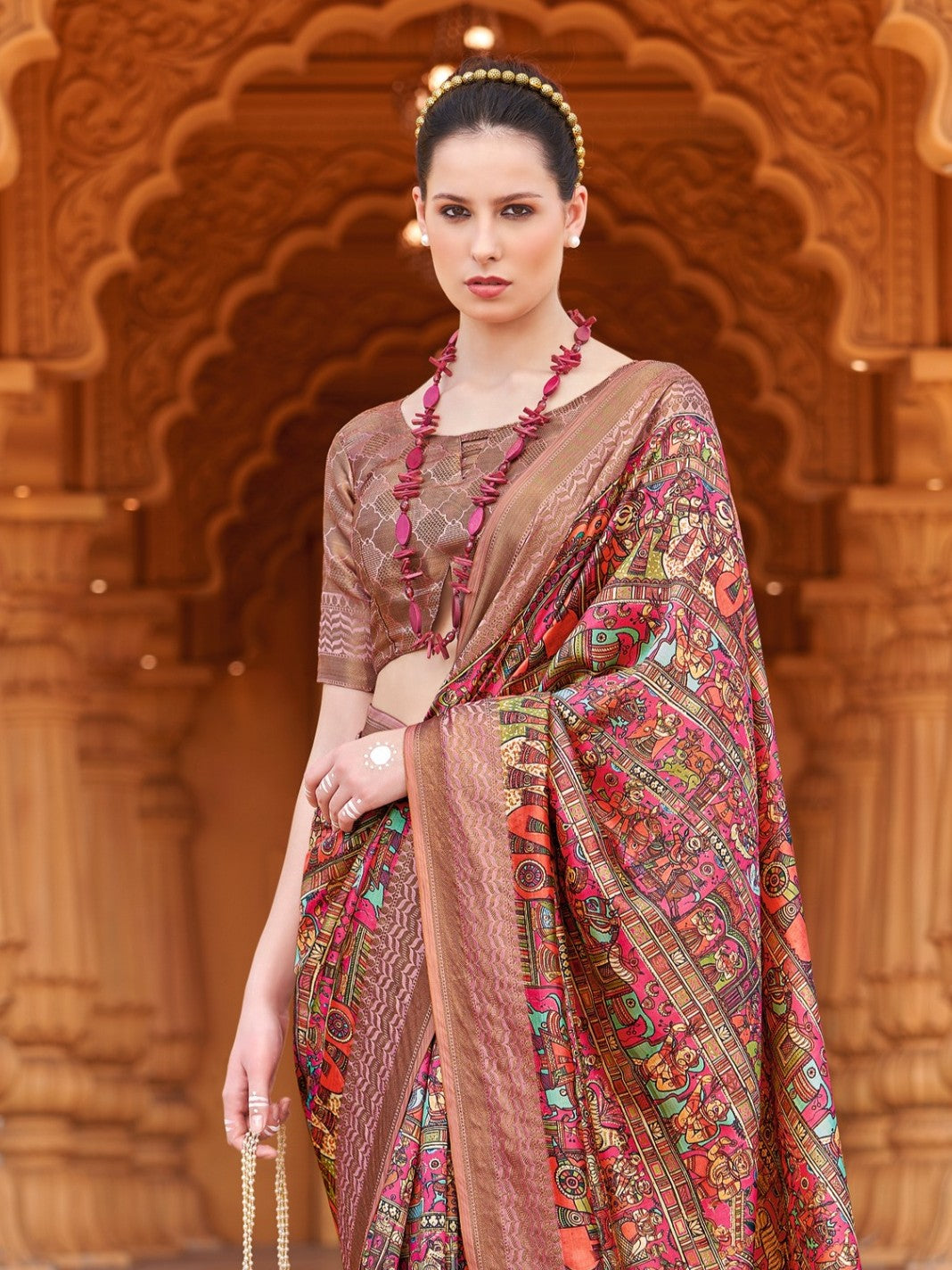 Tarani brown silk saree upper body view highlighting intricate blouse and pallu detailing