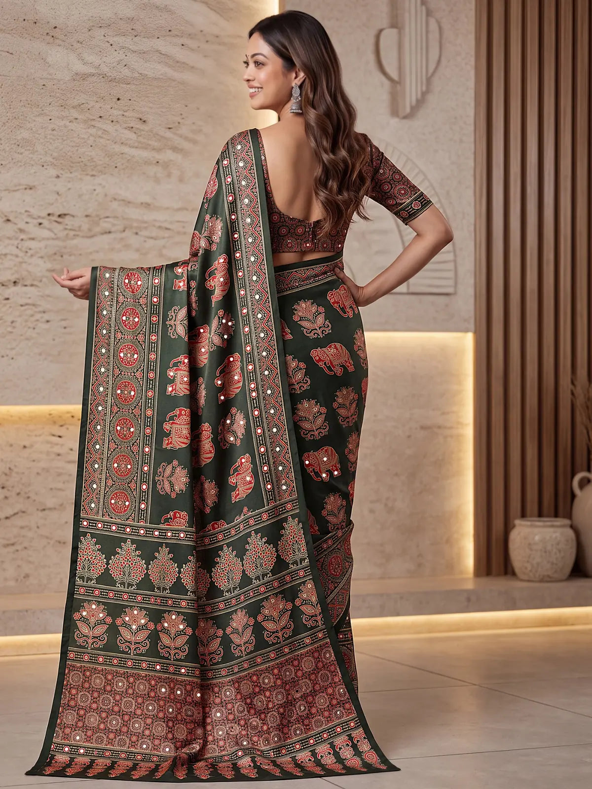 Tarani dark green Crap Silk saree with Digital Ajrakh Print and real mirror back-view