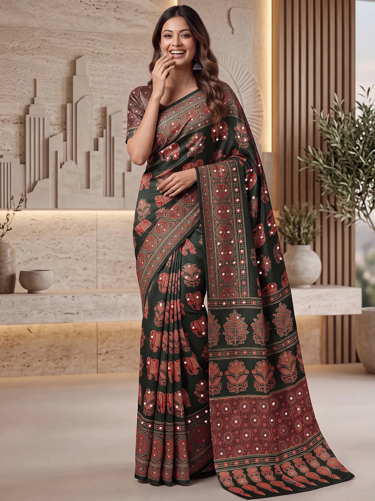 Tarani dark green Crap Silk saree with Digital Ajrakh Print and real mirror front-view
