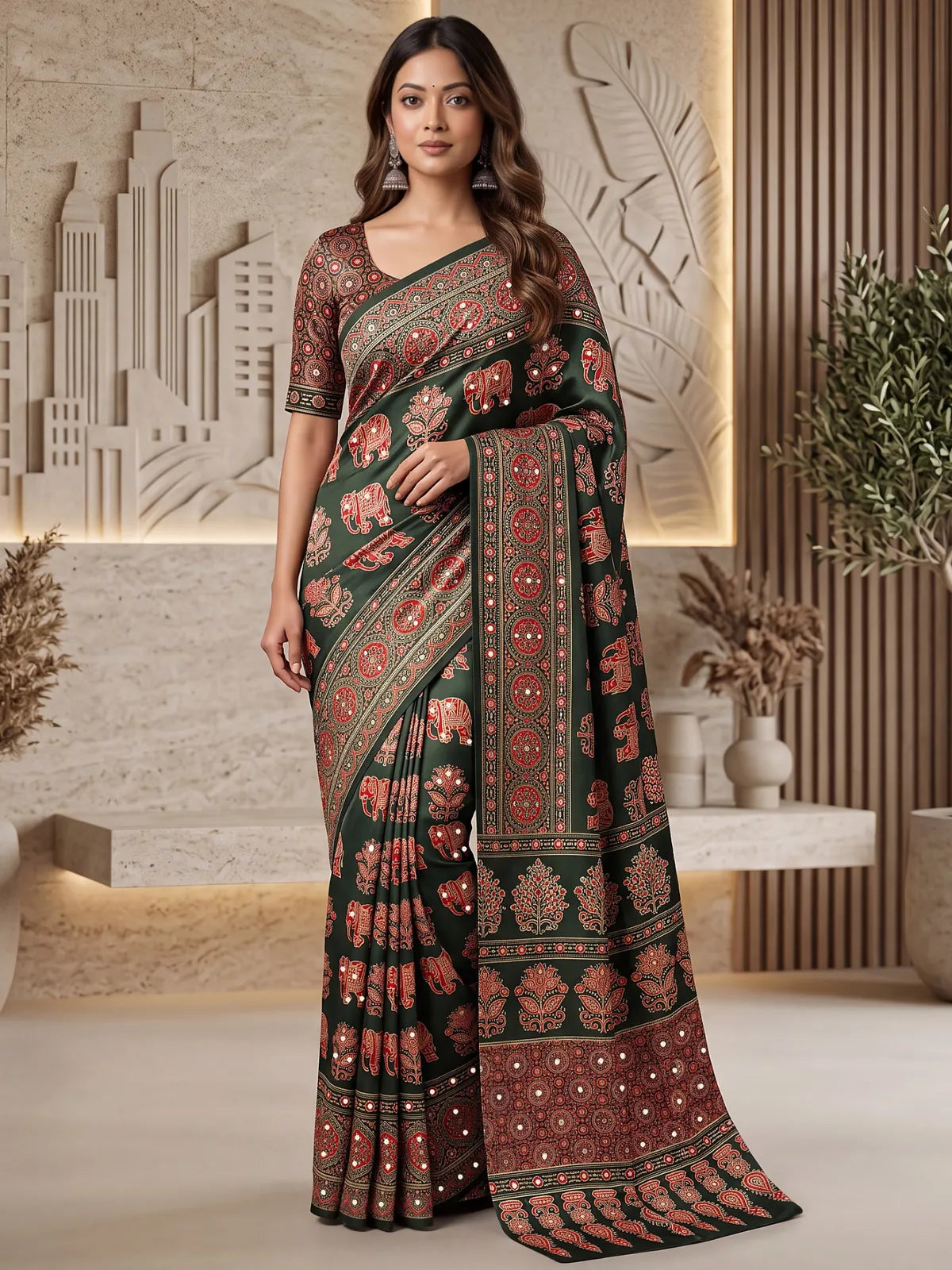 Tarani dark green Crap Silk saree with Digital Ajrakh Print and real mirror full-view