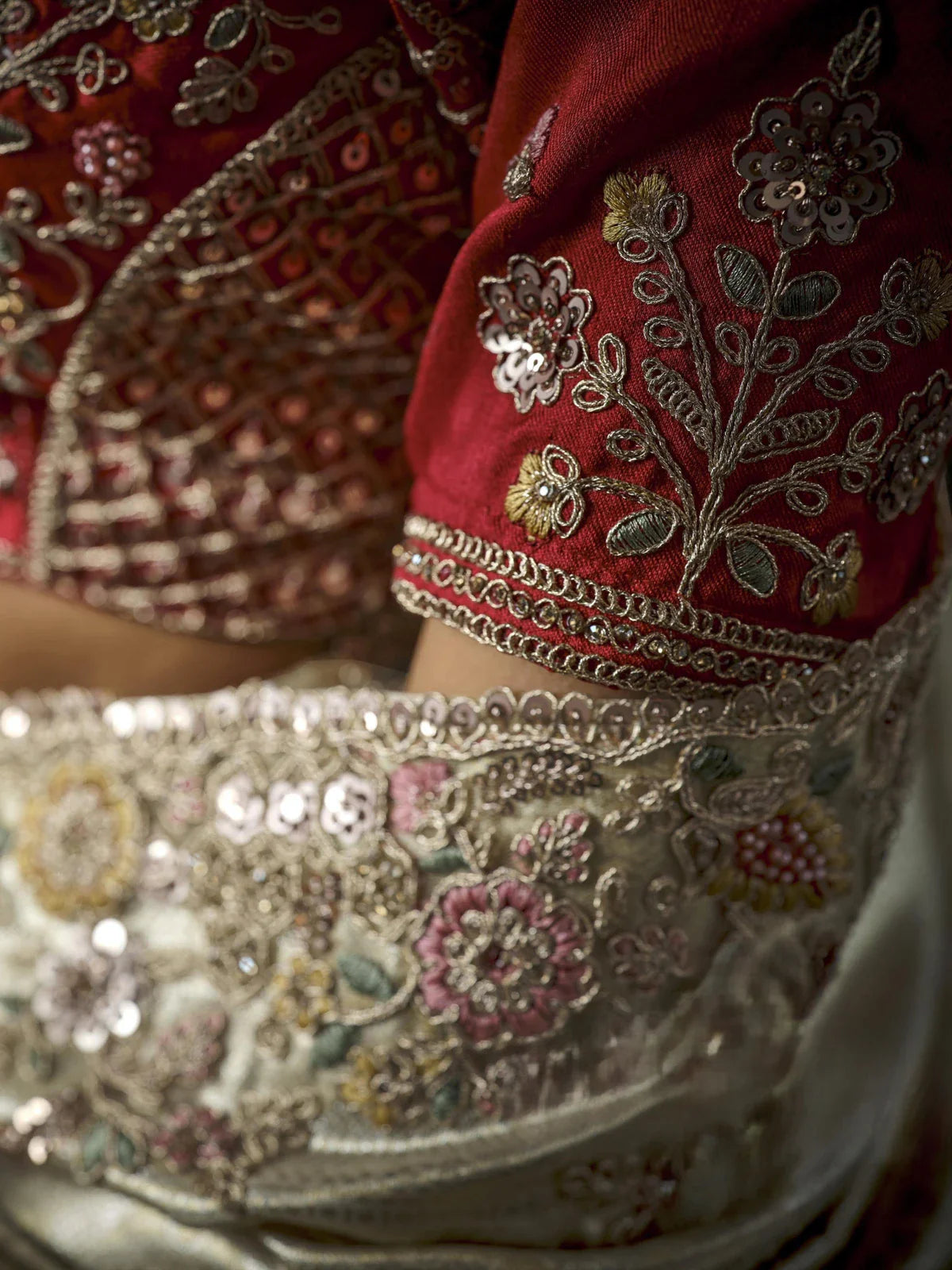 Tarani closeup of sleeve embroidery and floral border with sequin and zari detailing
