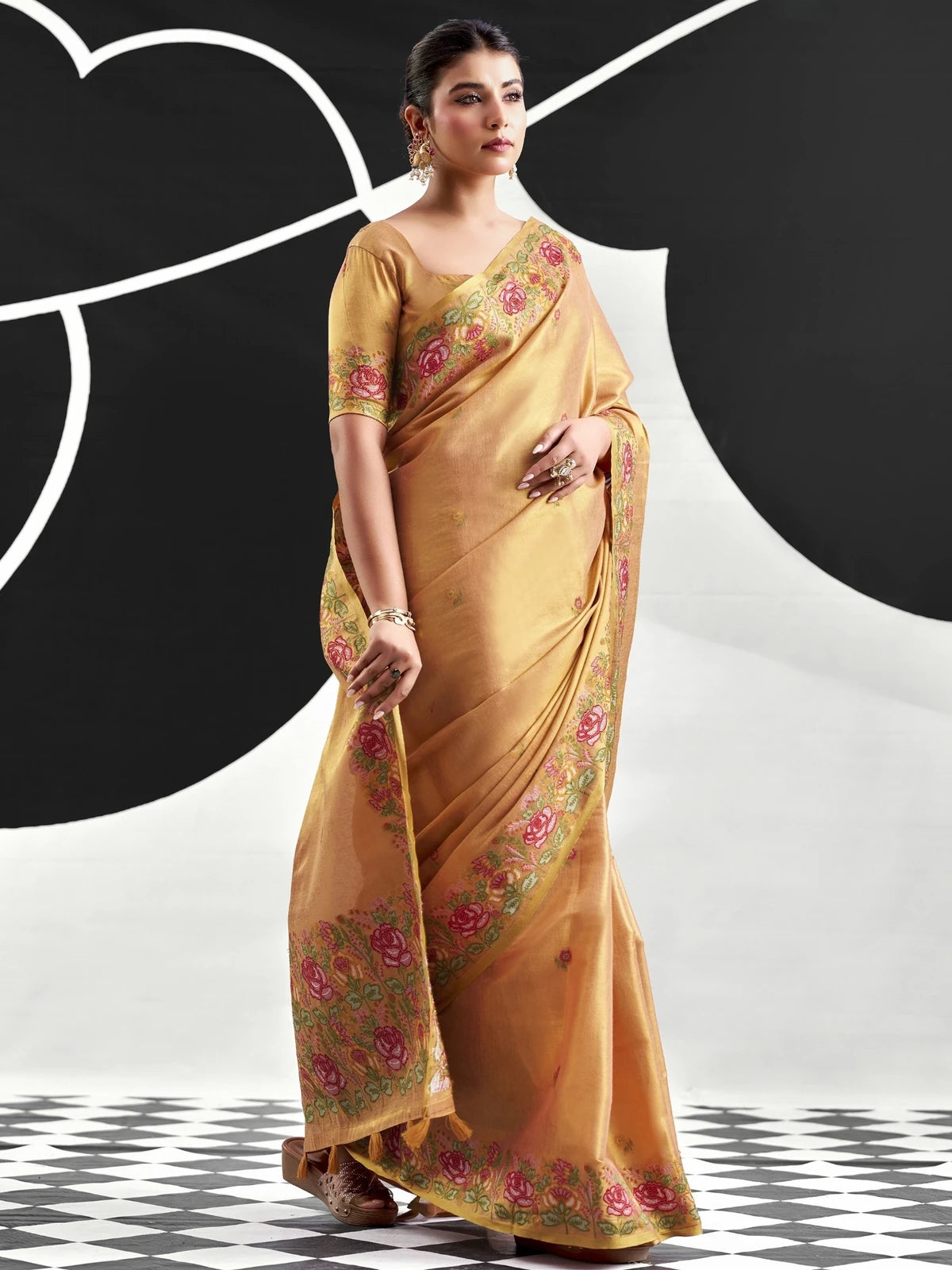Tarani golden Tissue Silk saree front-view with floral woven border