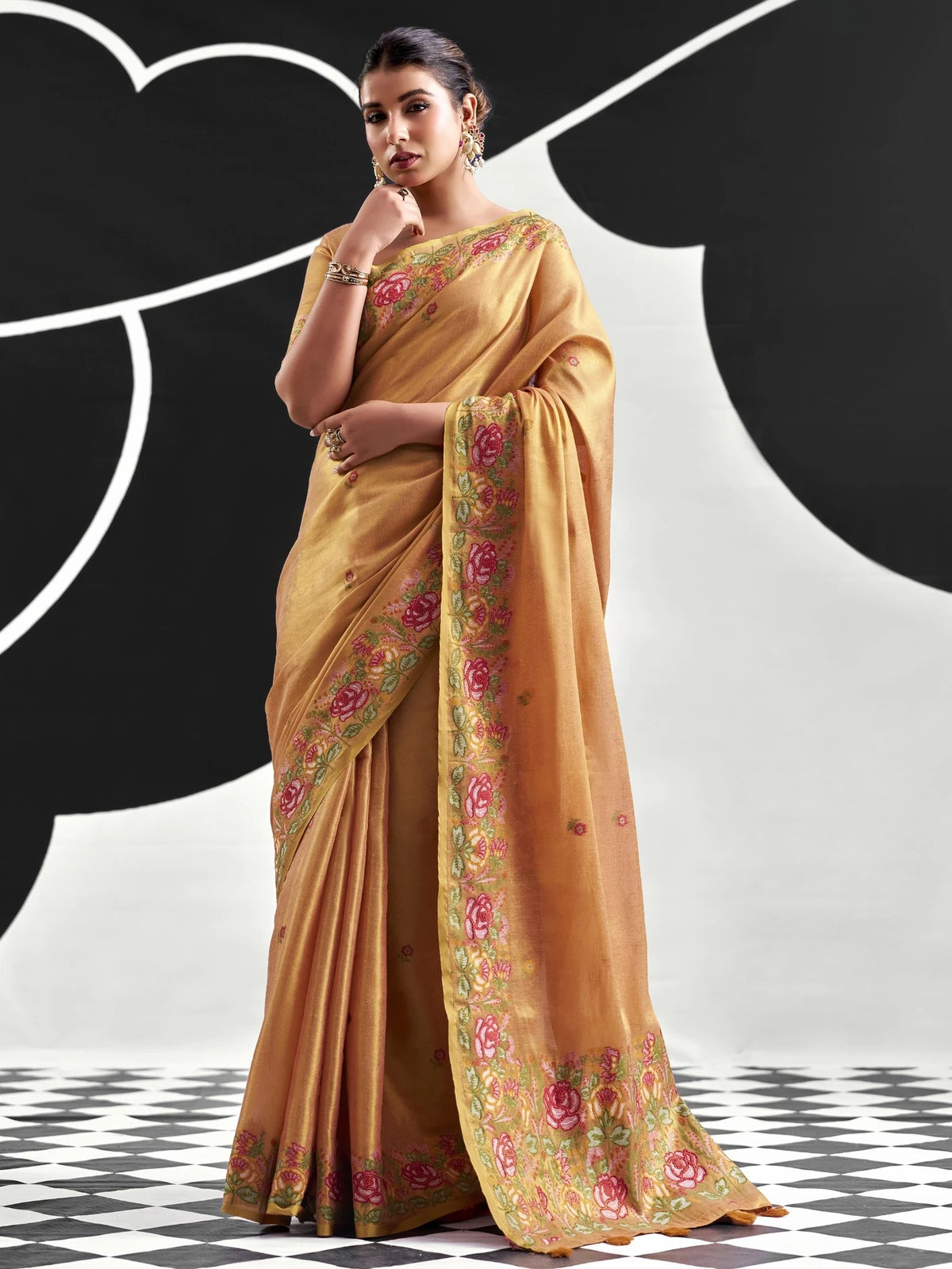 Tarani golden Tissue Silk saree full front view with floral border and unstitched blouse