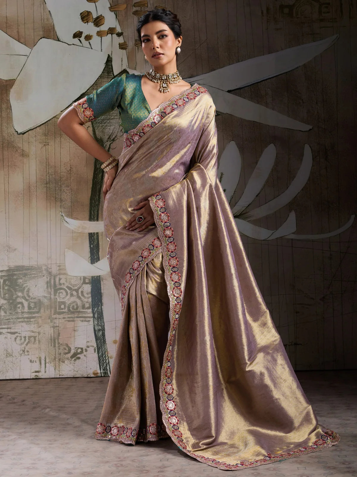 Tarani golden Banarasi jacquard silk saree full view with embroidered border and brocade blouse