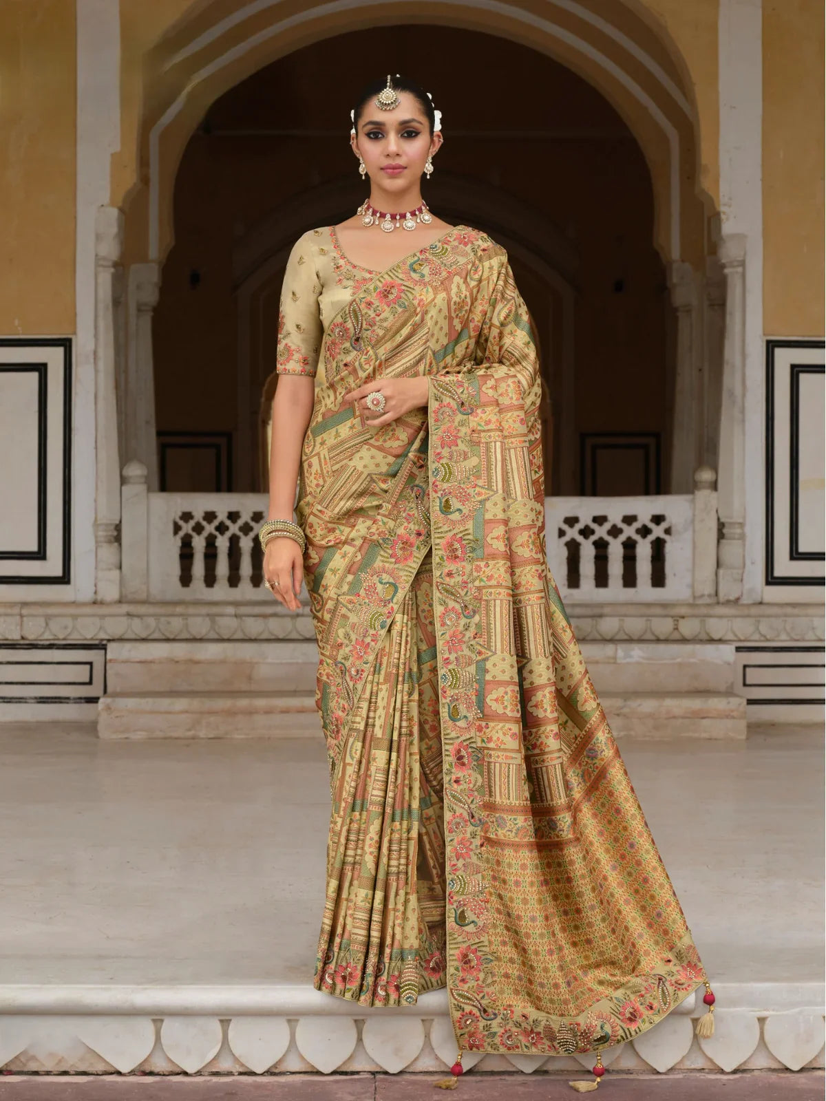 Tarani golden silk saree full view with khatli embroidery and zari blouse for wedding wear