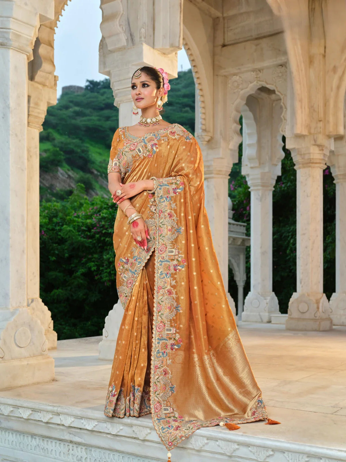 Tarani designer golden tissue silk saree with heavy embroidery for wedding and festive wear full view