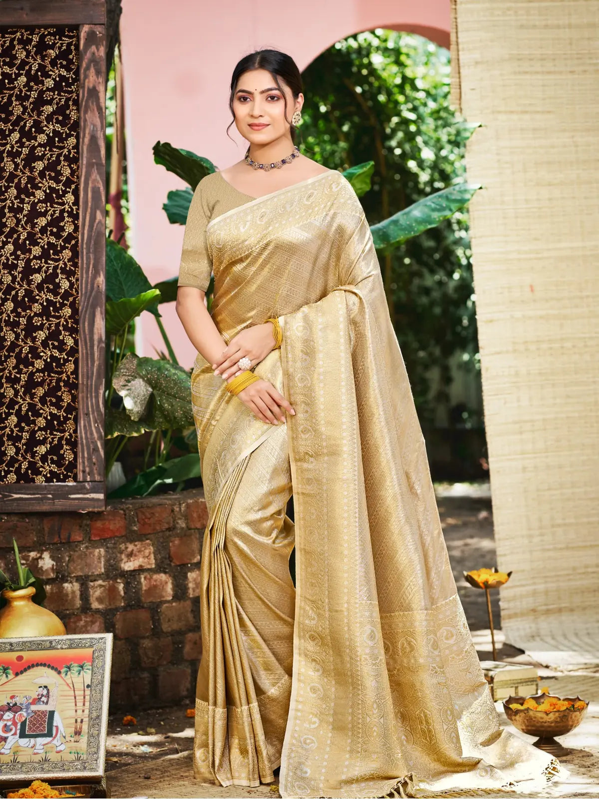 Tarani golden Kanjivaram silk saree full view with blouse perfect for festive and party wear