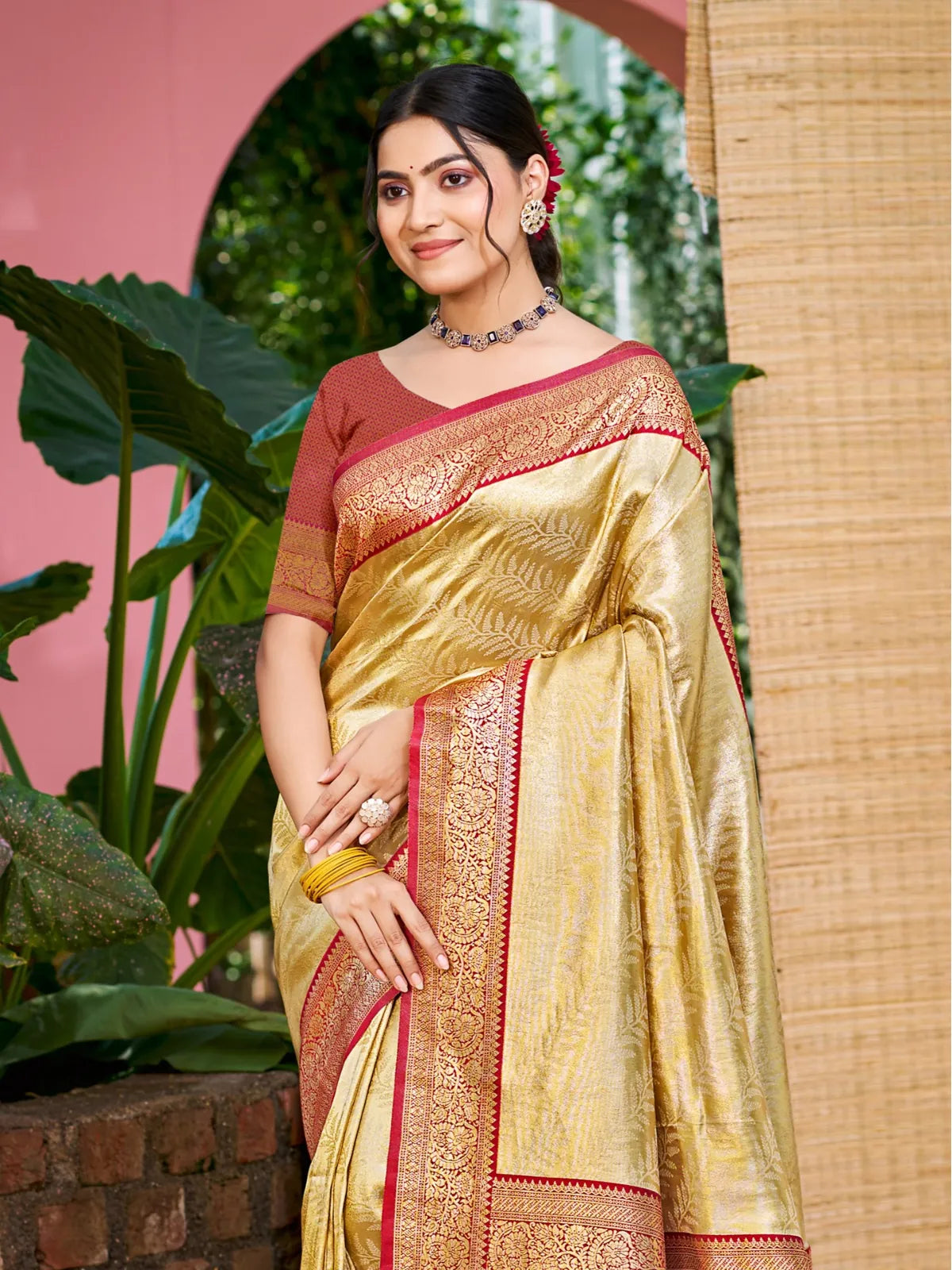Tarani golden Kanjivaram silk saree upper body view with matching blouse
