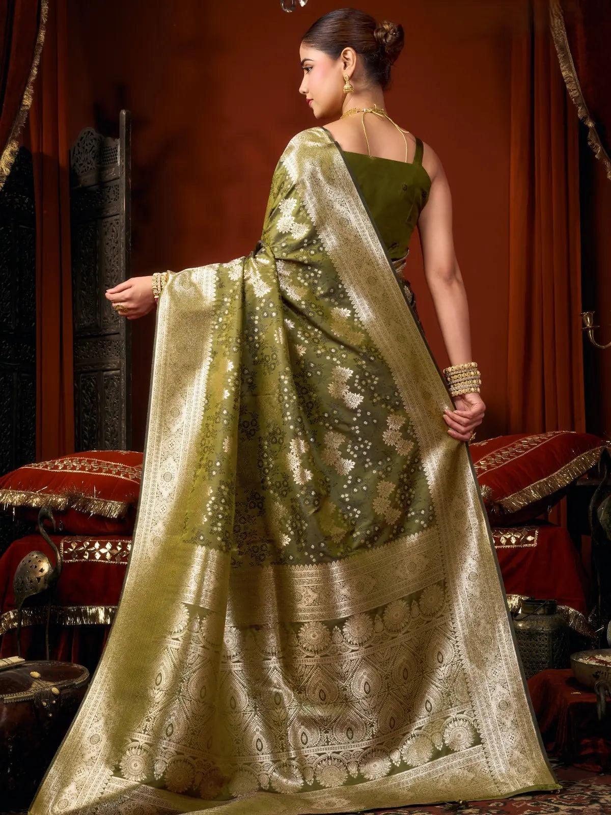 Tarani olive green premium self jacquard soft silk saree back-view