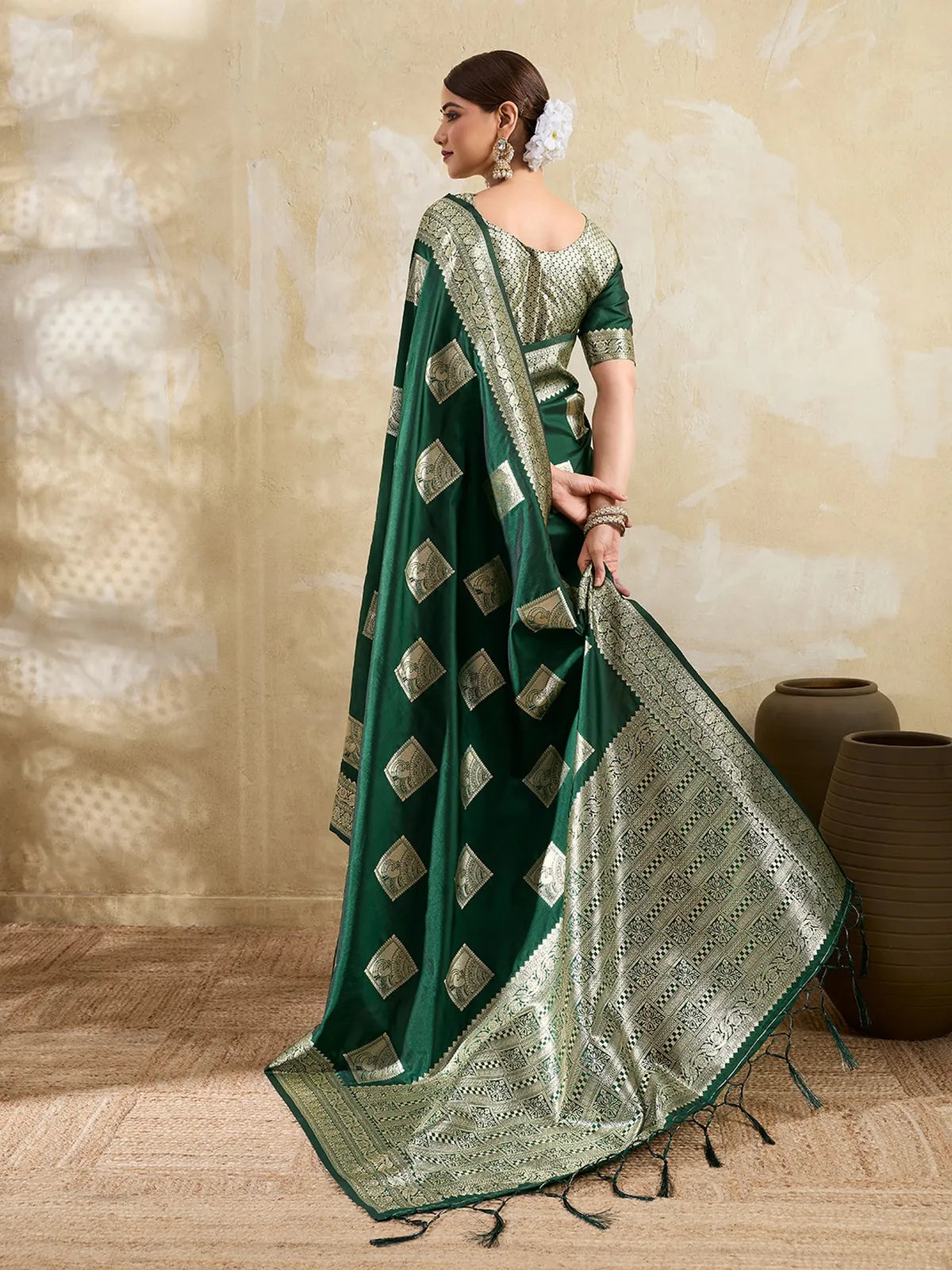 Tarani green silk blend saree back view with rich zari pallu detailing