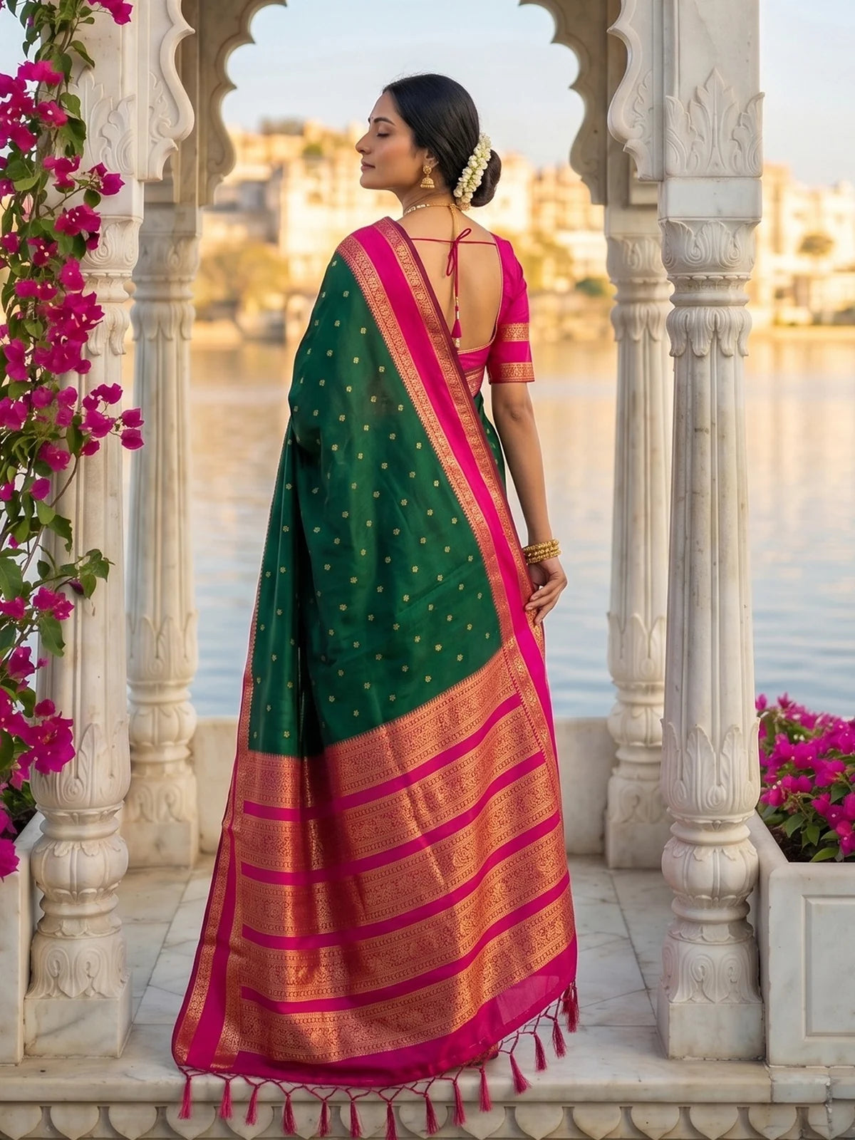 Tarani green soft silk saree back blouse view with zari pallu and elegant traditional styling